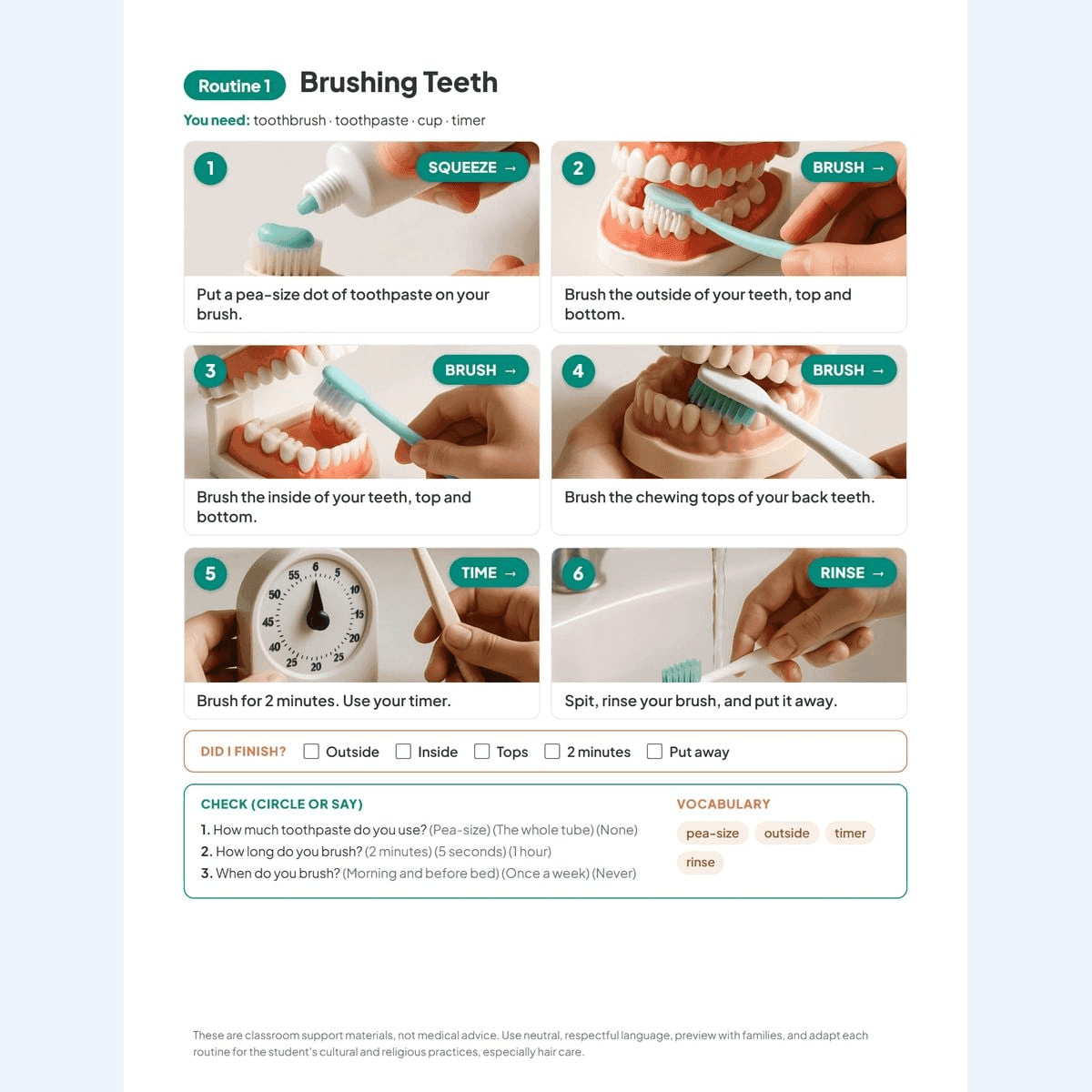 The Brushing Teeth routine from the bundle's hygiene pack, six photo steps with a Did I Finish strip and a comprehension check