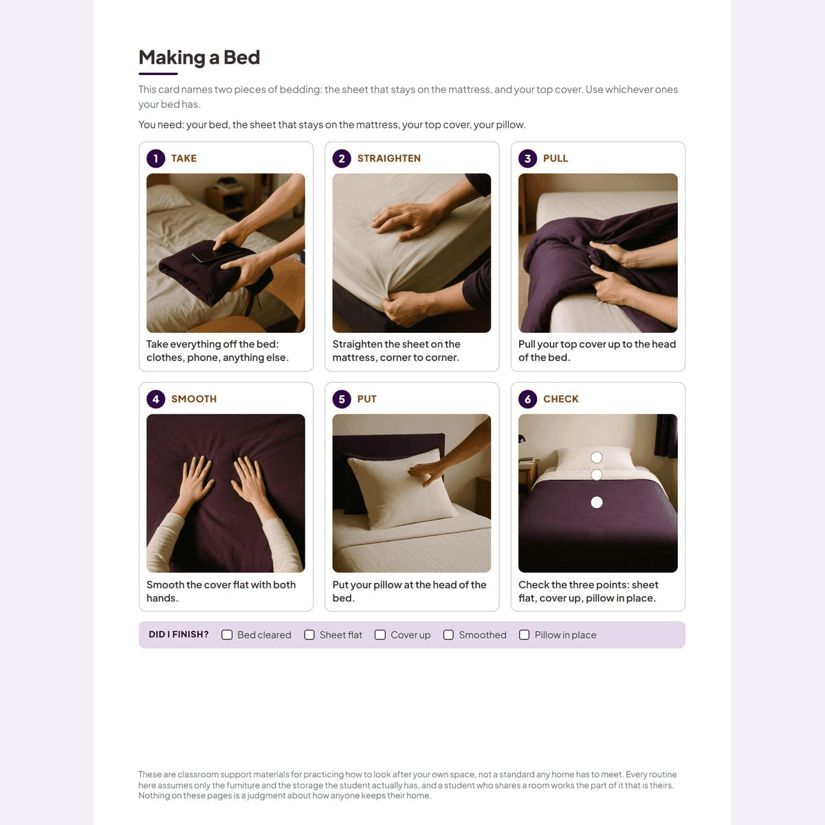 The Making a Bed chain from the bundle's bedroom pack, six photo steps ending on the three-point check