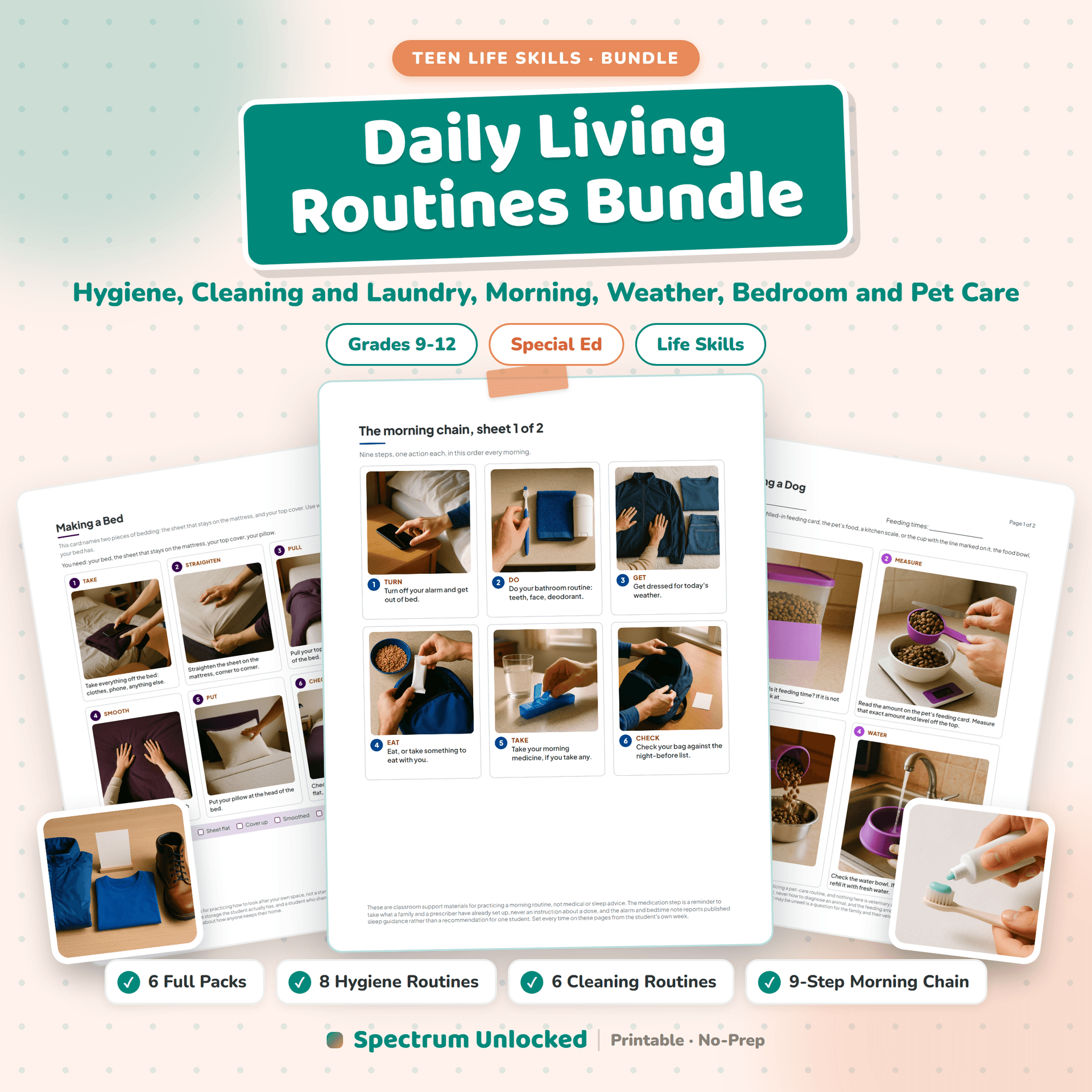 Daily Living Routines Bundle cover, showing the six packs included: hygiene, cleaning and laundry, the morning routine, dressing for the forecast, bedroom routines and pet care