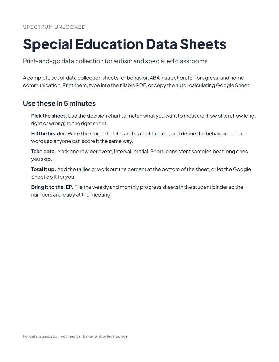 Special Education Data Sheets Pack cover showing the collection of ABA and IEP data sheets