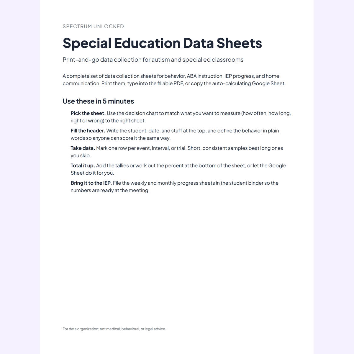 Special Education Data Sheets Pack overview showing the collection of ABA and IEP data sheets