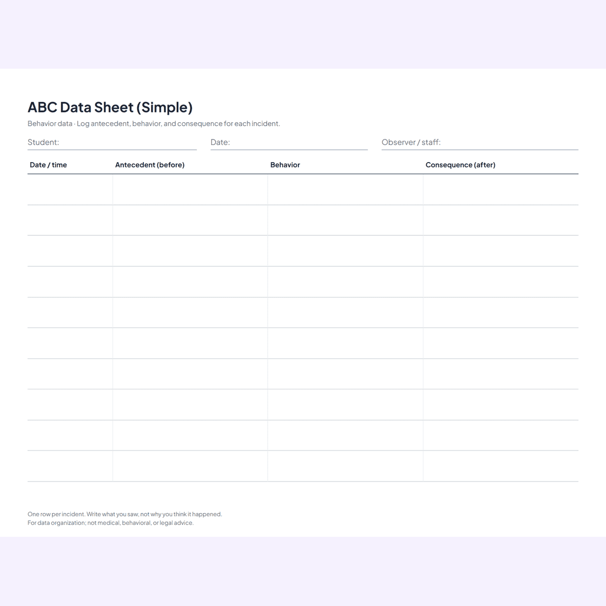 The printable ABC antecedent-behavior-consequence data sheet included in the free sample