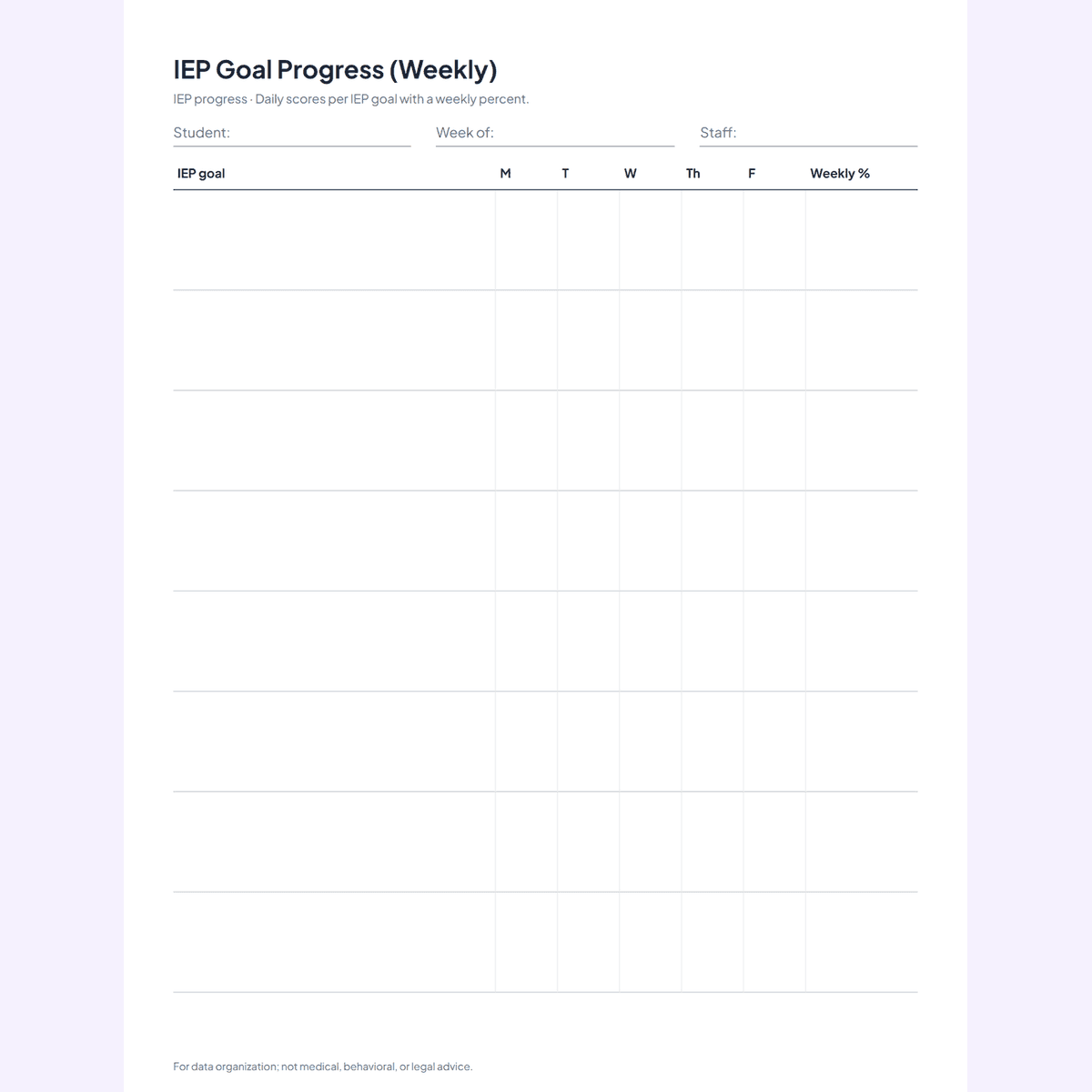 IEP goal progress data sheet from the Special Education Data Sheets Pack
