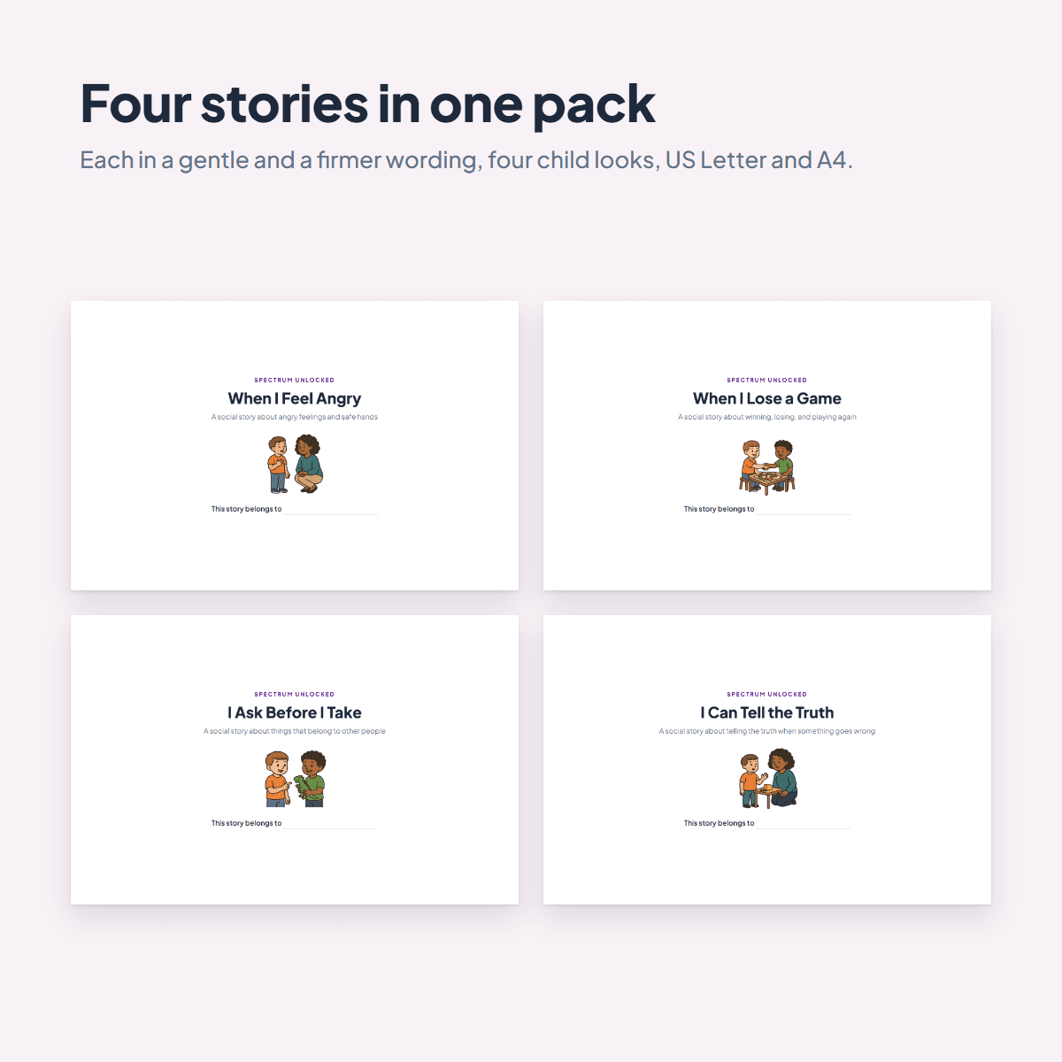 The four Emotions Social Stories: anger, losing a game, stealing and lying