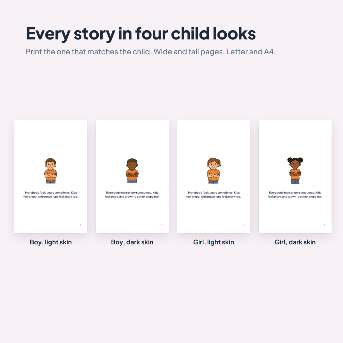 An Emotions Social Stories page in four child looks, a boy or a girl with light or dark skin