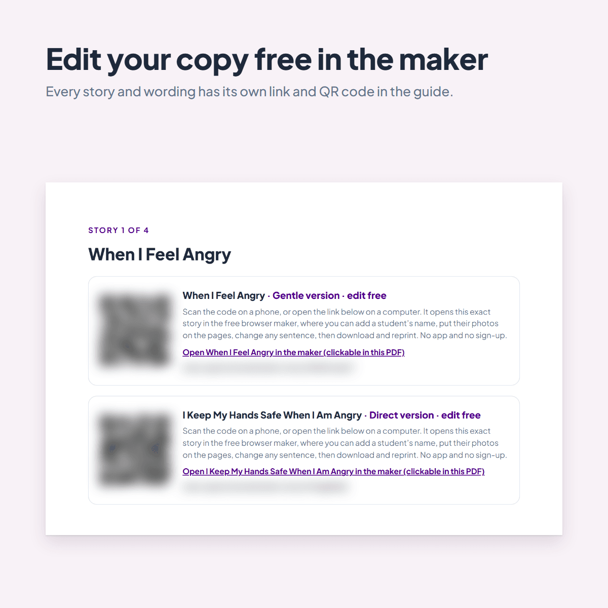 Guide page for the Emotions Social Stories with a printed link and QR code for every story