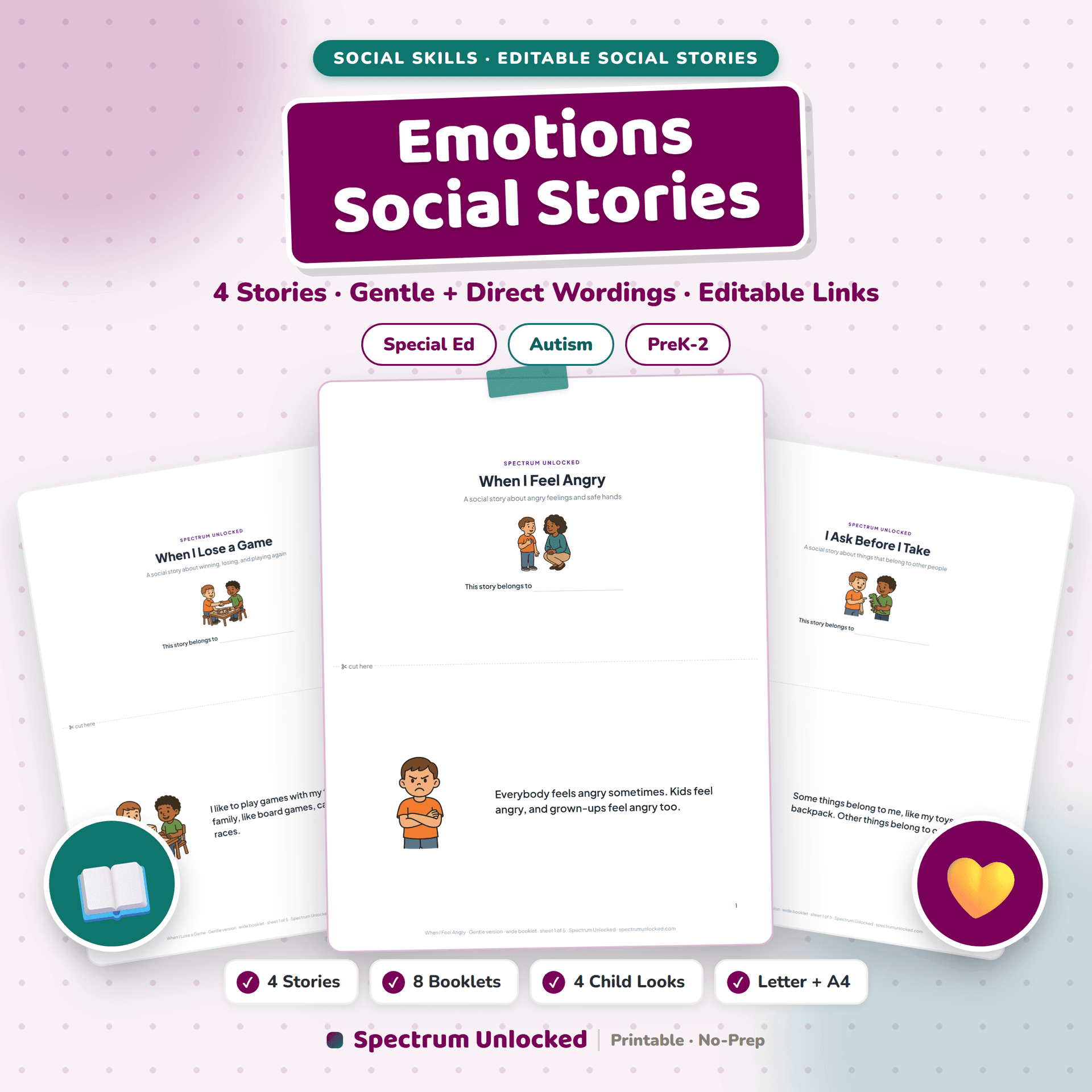 Emotions Social Stories cover, four printable social stories for young autistic children