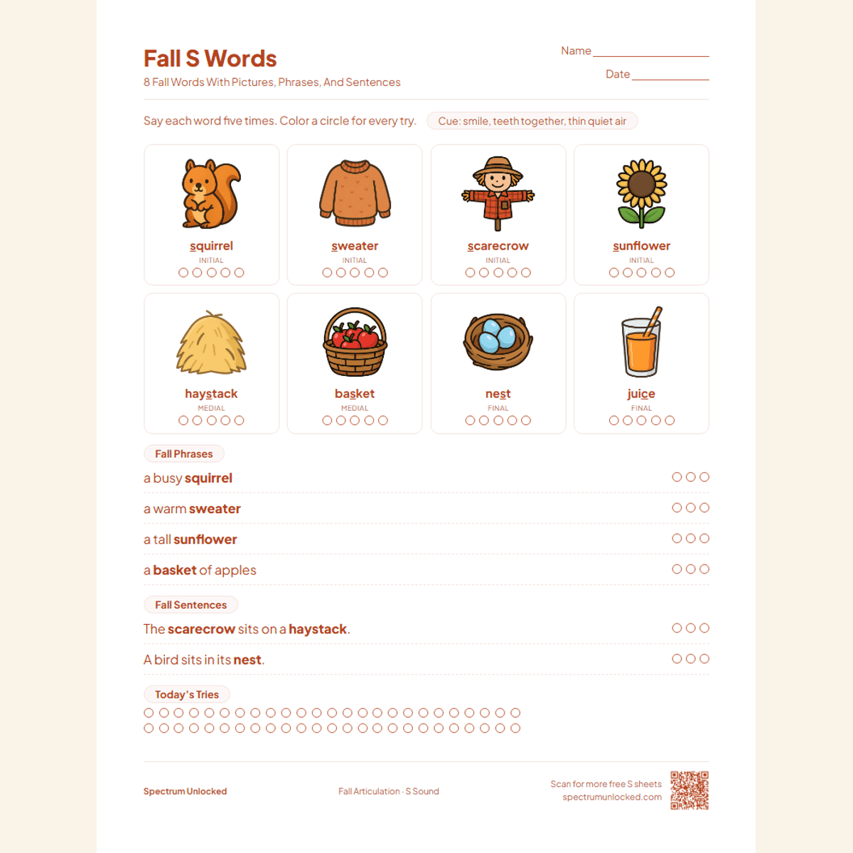 Fall S words page with squirrel, sweater and sunflower pictures, phrases and sentences