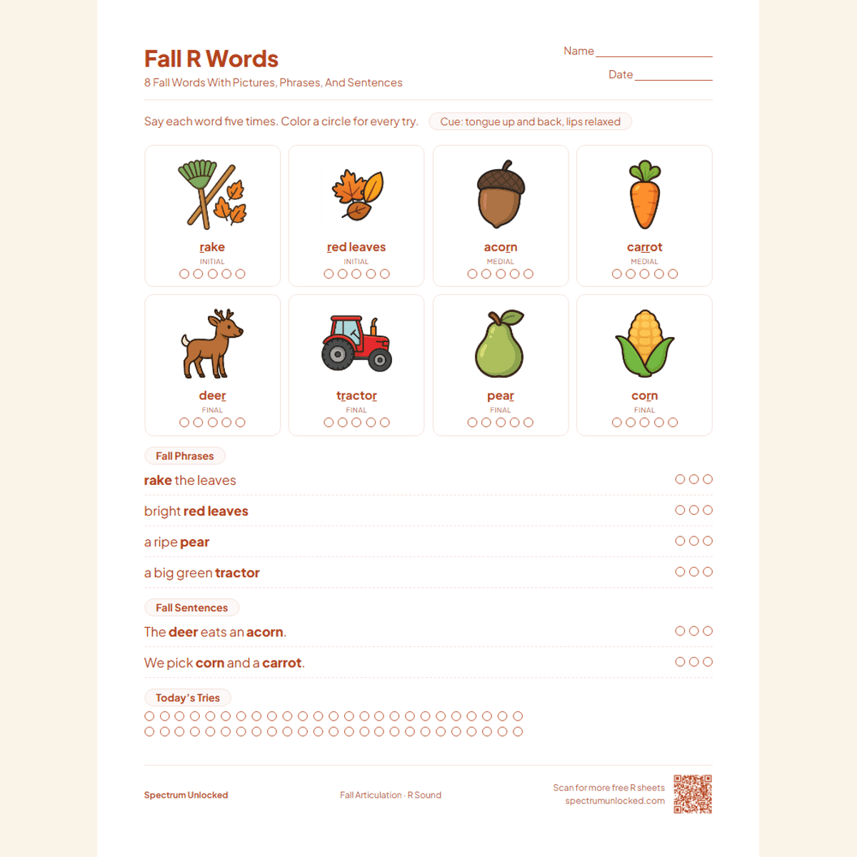 Fall R words page with rake, acorn and tractor pictures
