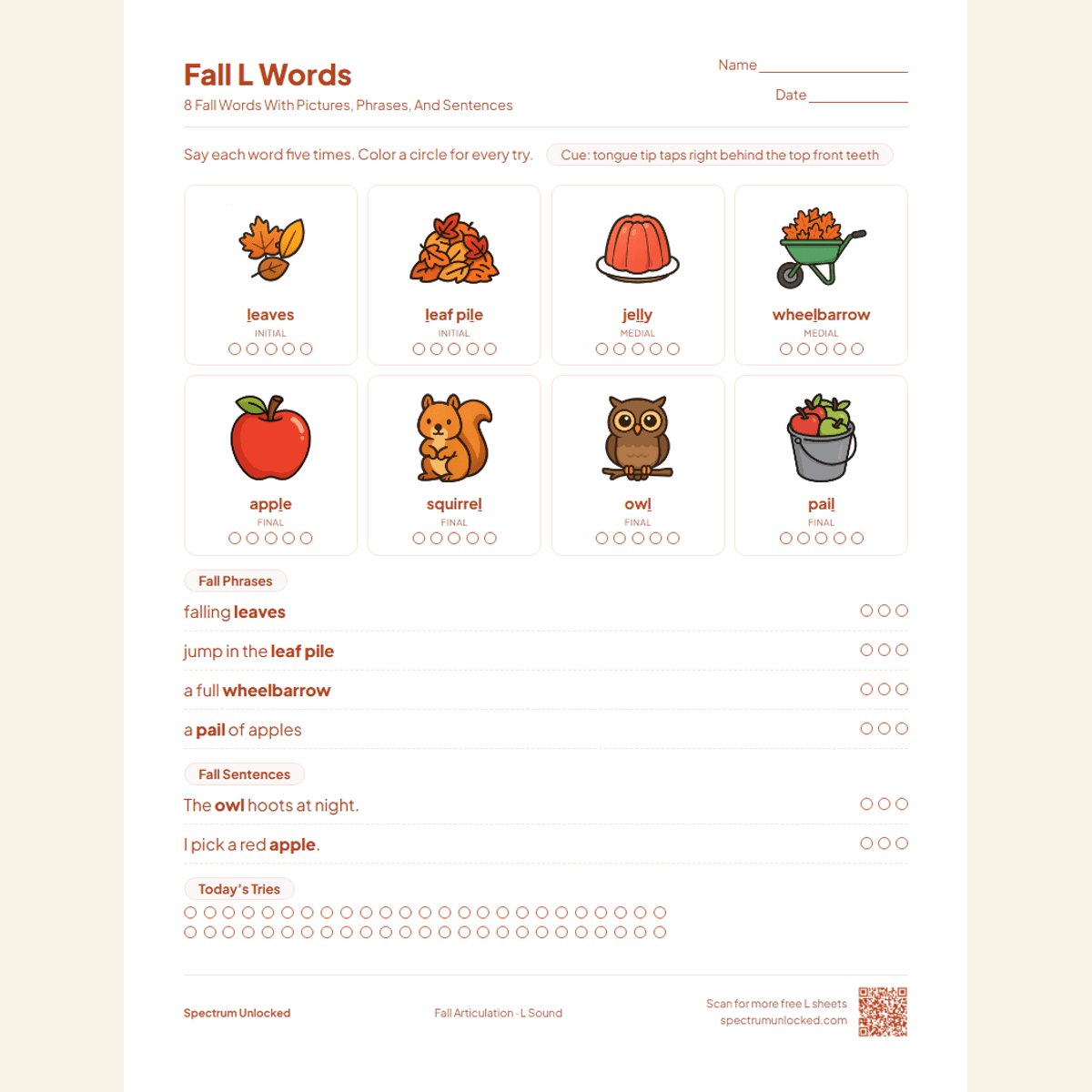 Fall L words page with leaves, wheelbarrow and owl pictures