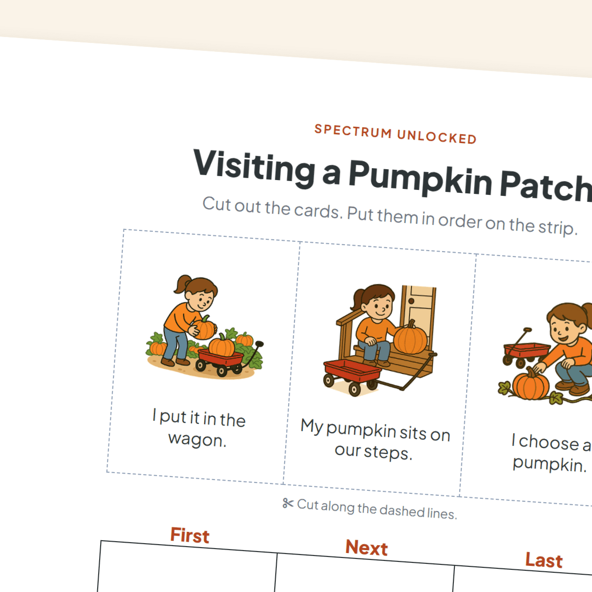 Gentle 3-step Visiting a Pumpkin Patch sheet with three picture cards and a First, Next, Last strip