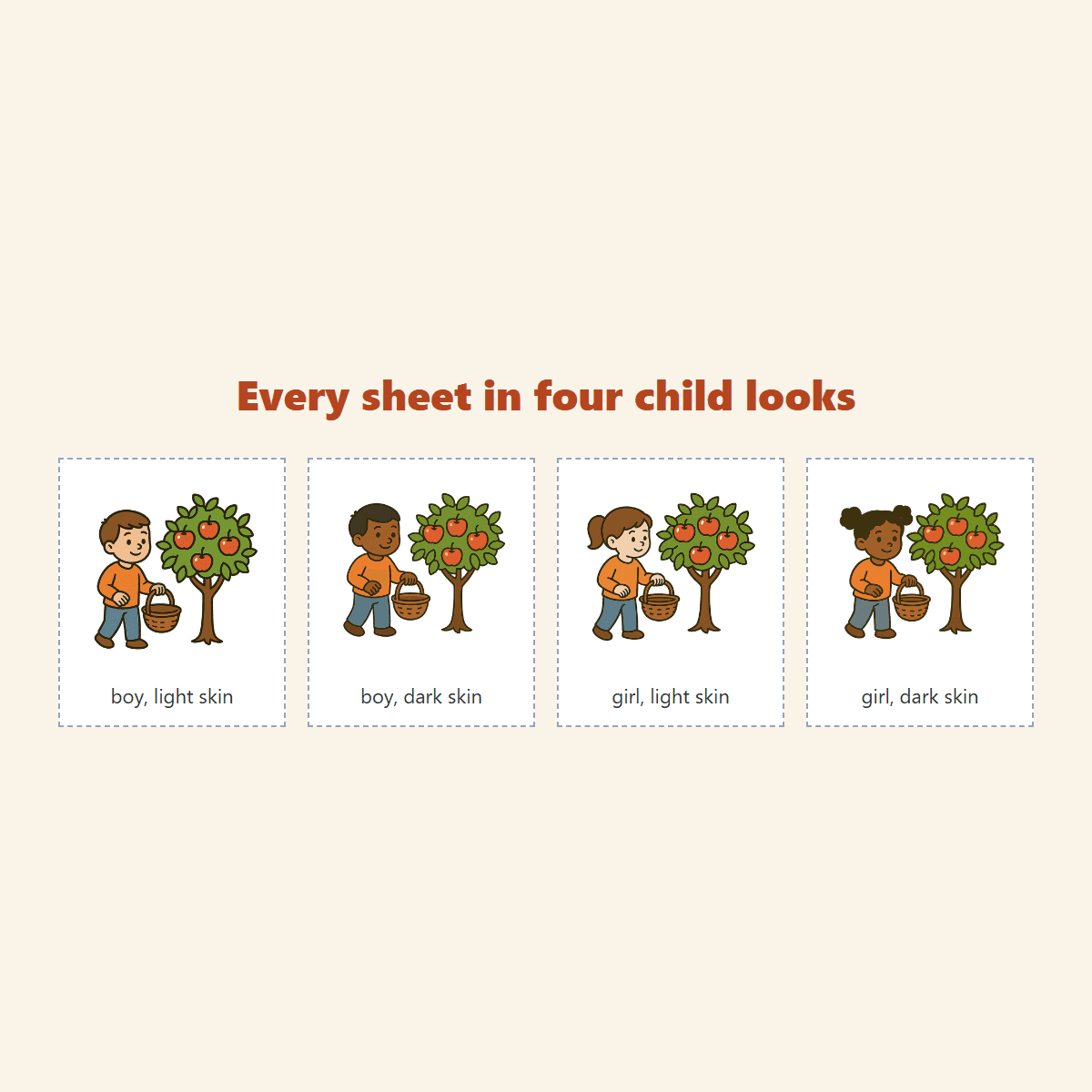 The same picture card in all four child looks: boy, light skin; boy, dark skin; girl, light skin; girl, dark skin