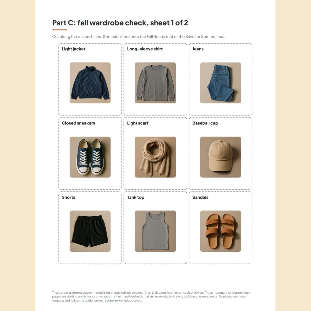 The fall wardrobe sort, clothing items placed onto a Fall Ready mat and a Save for Summer mat