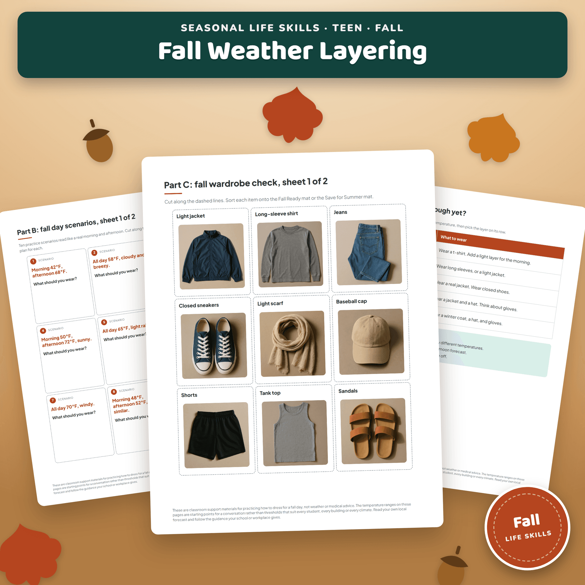 Fall Weather Layering for Teens cover, showing a fall forecast card beside a folded light jacket you can take off