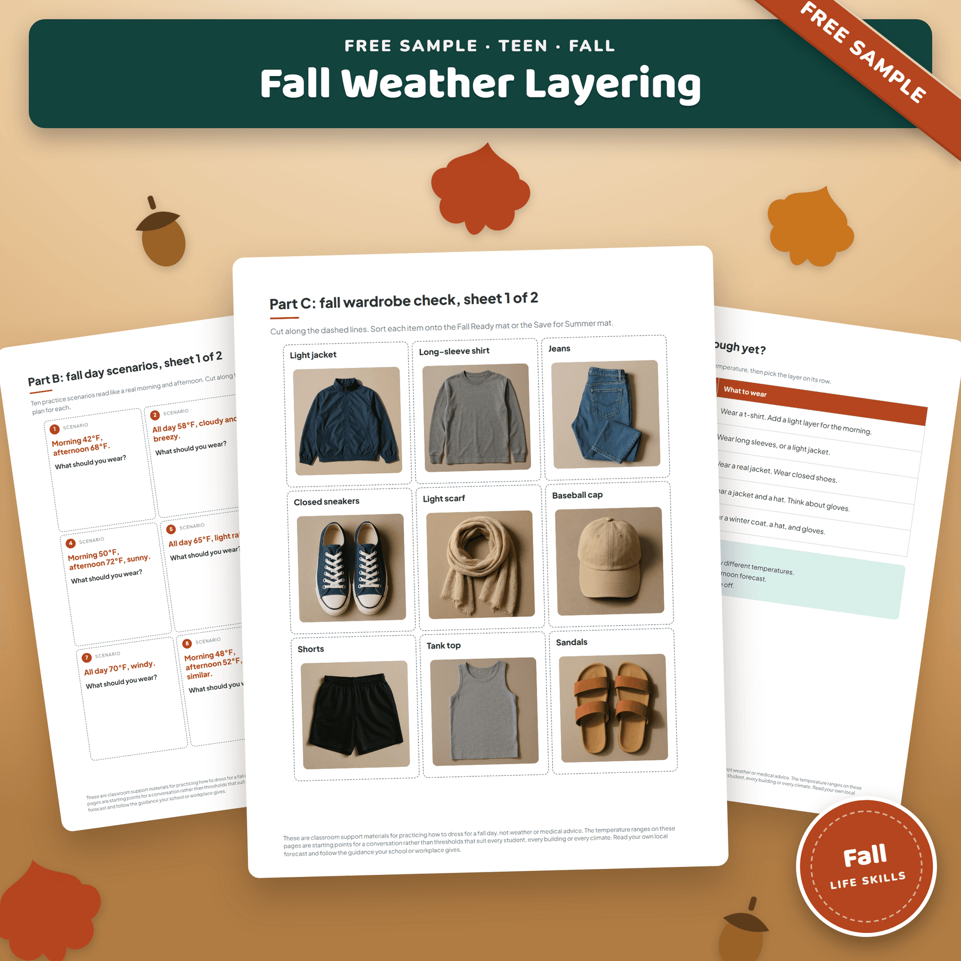 Free Fall Weather Layering Worksheets for Teens sample cover, showing the temperature-to-layer decision chart