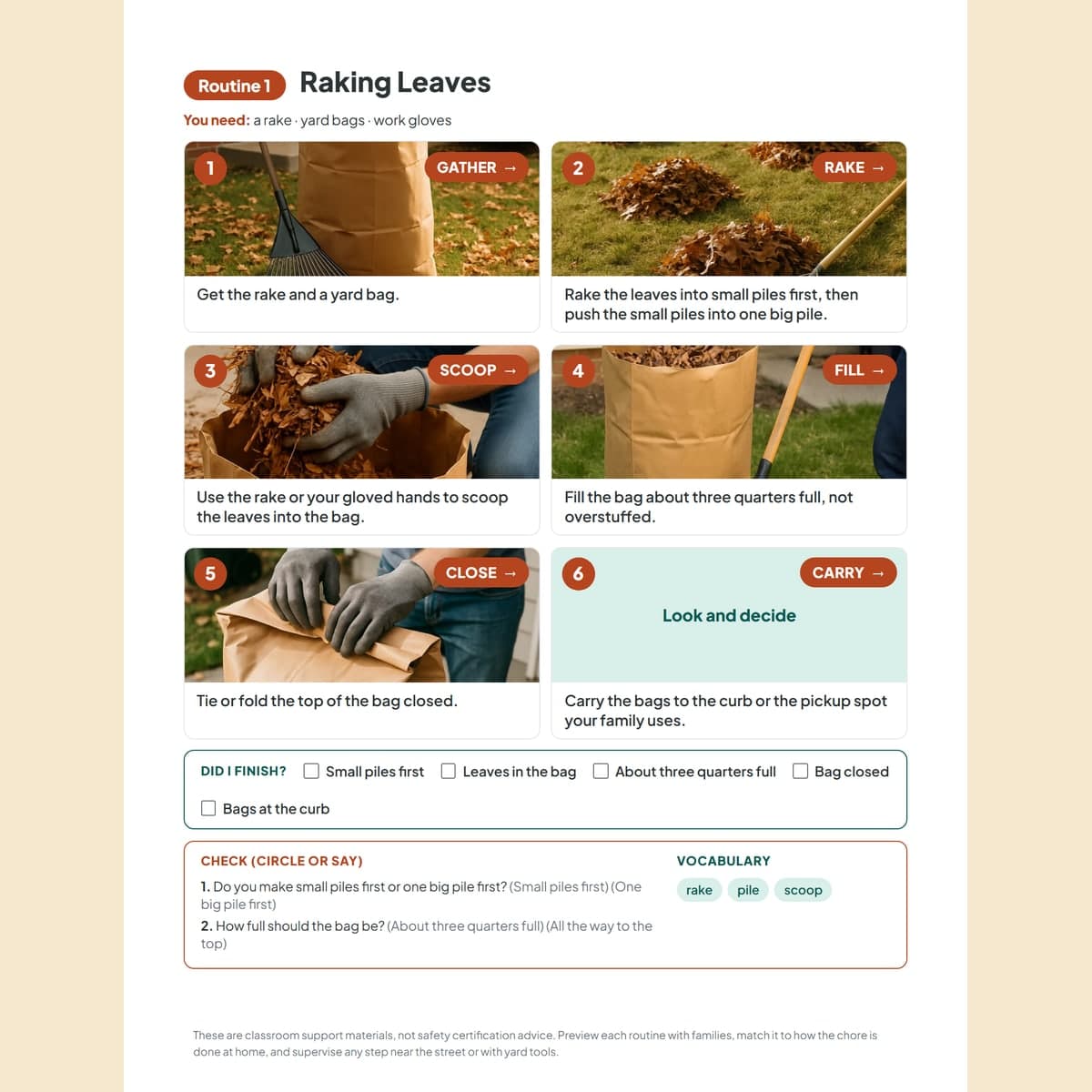 The raking leaves visual routine, a photo and a step on each card