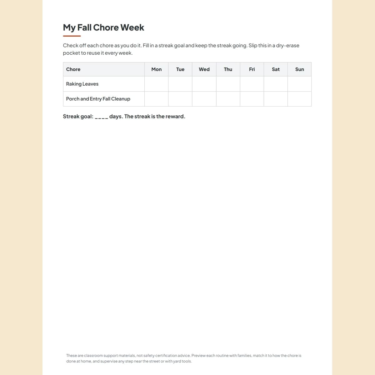 The weekly fall chore tracker, a seven-day streak grid