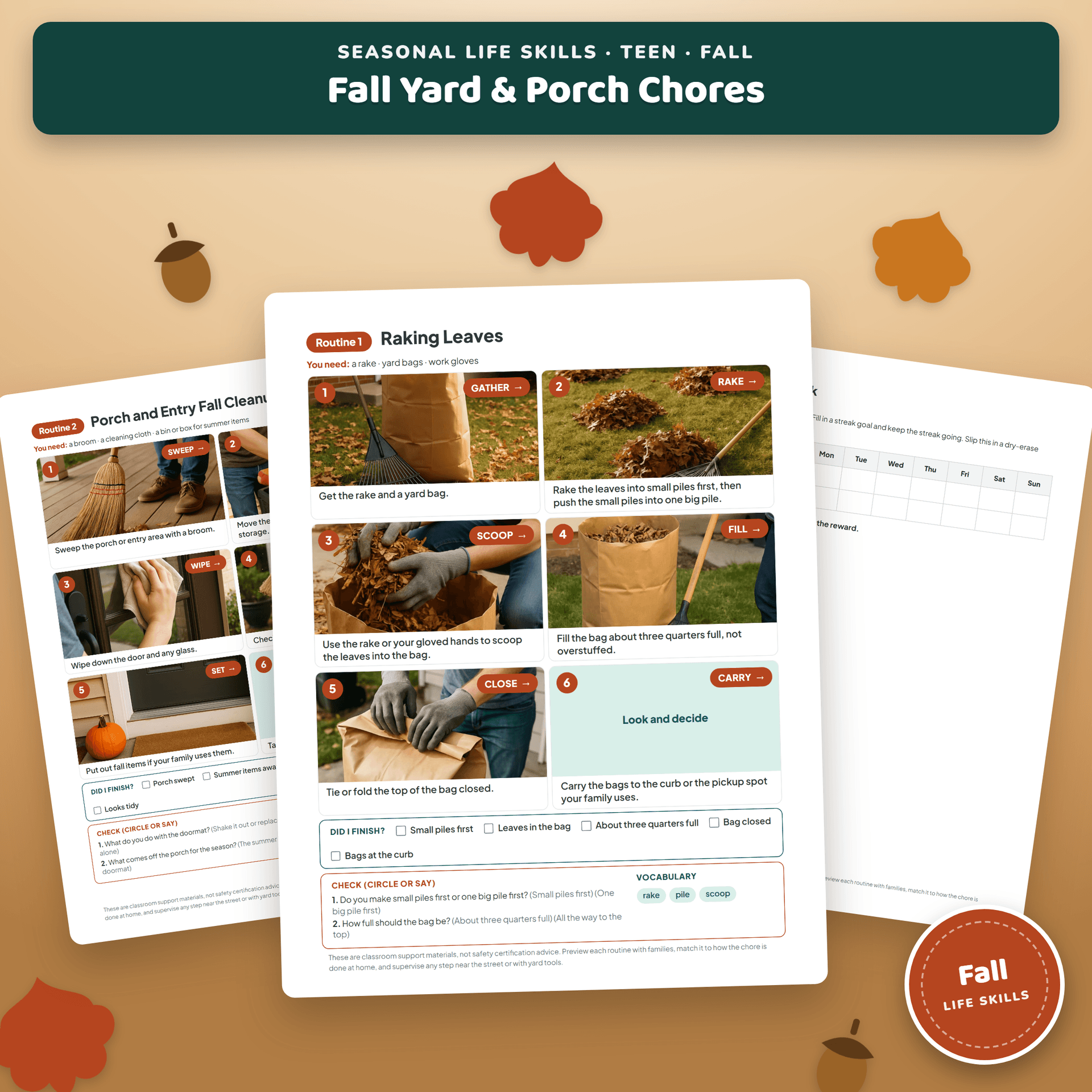 Fall Yard and Porch Chores for Teens cover, showing a rake and a full yard bag on a leaf-covered lawn
