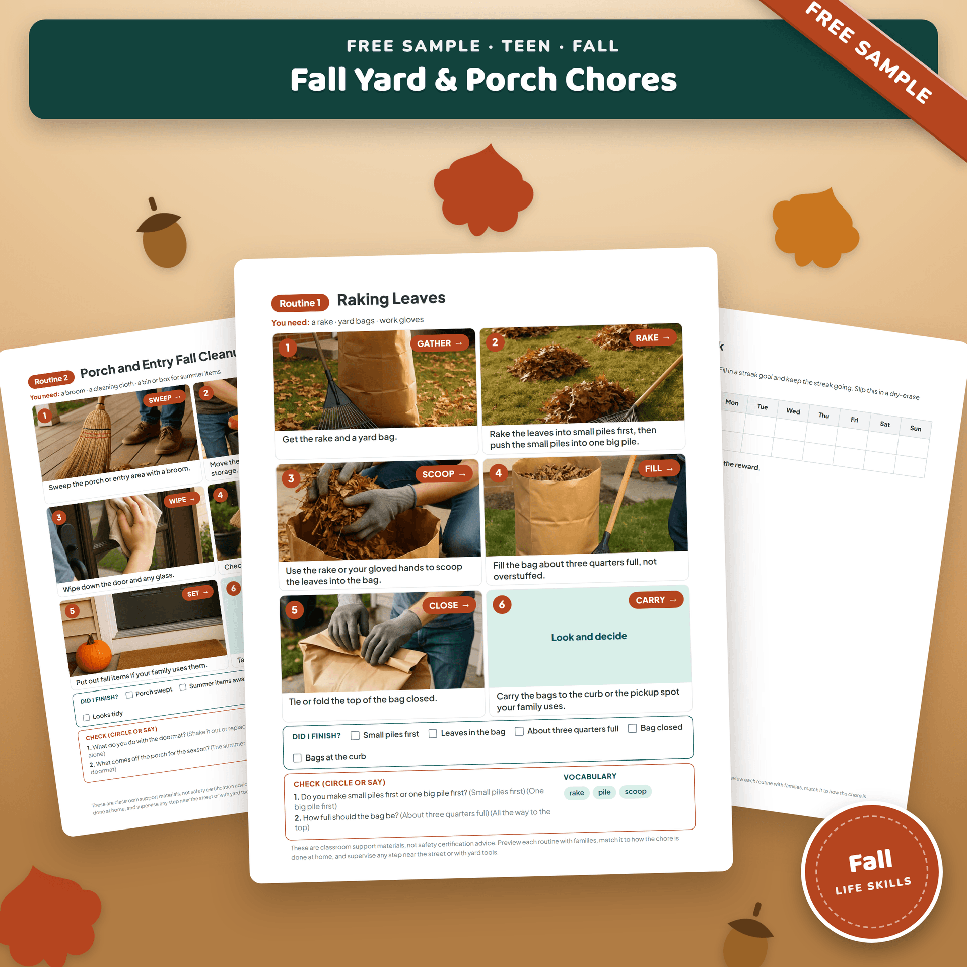 Free Fall Chores Worksheets for Teens sample cover, showing a fall chore visual routine