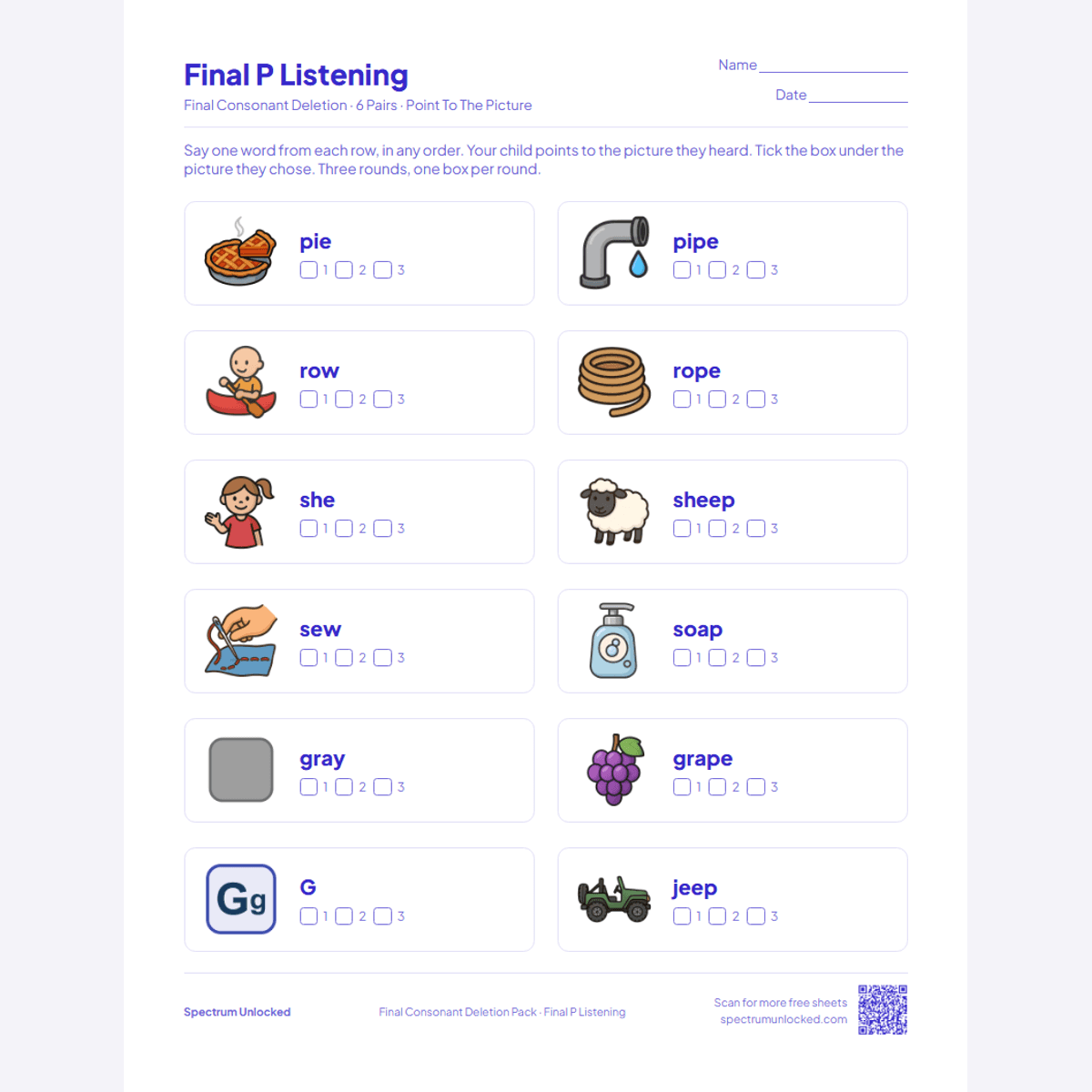 Final P listening worksheet: point to the picture, three rounds of tick boxes