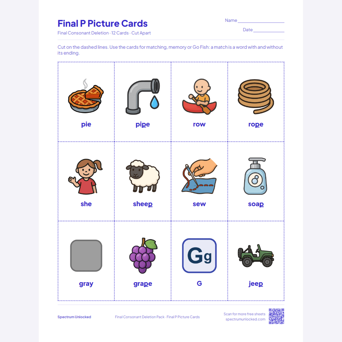 Final P picture cards: twelve cut-apart cards, two pairs to a row