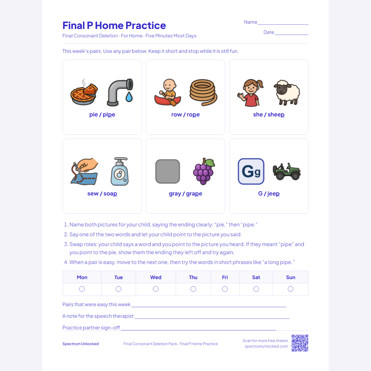 Final P home practice page with the pairs, four steps and a weekly tracker