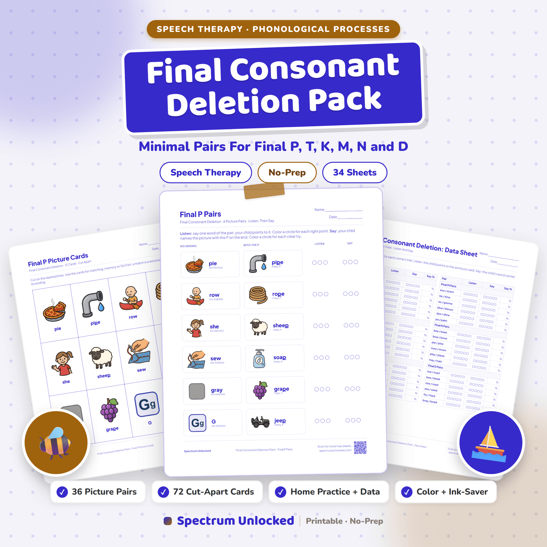 Final Consonant Deletion Minimal Pairs Worksheets Pack cover