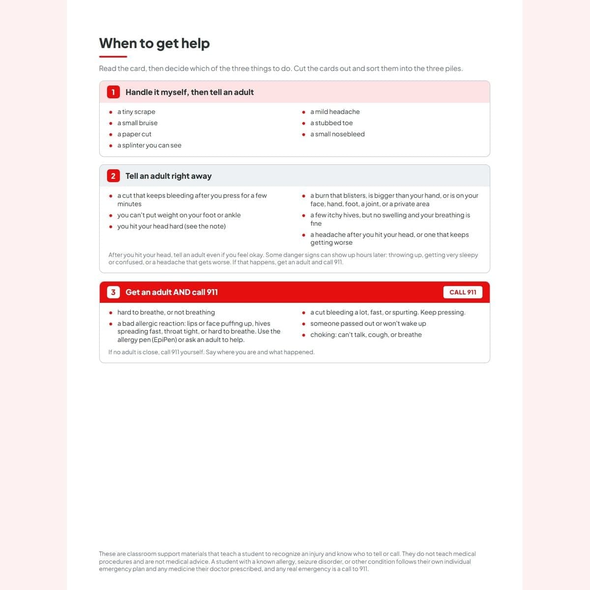 The three-tier When to Get Help sort: handle it, tell an adult, or call 911