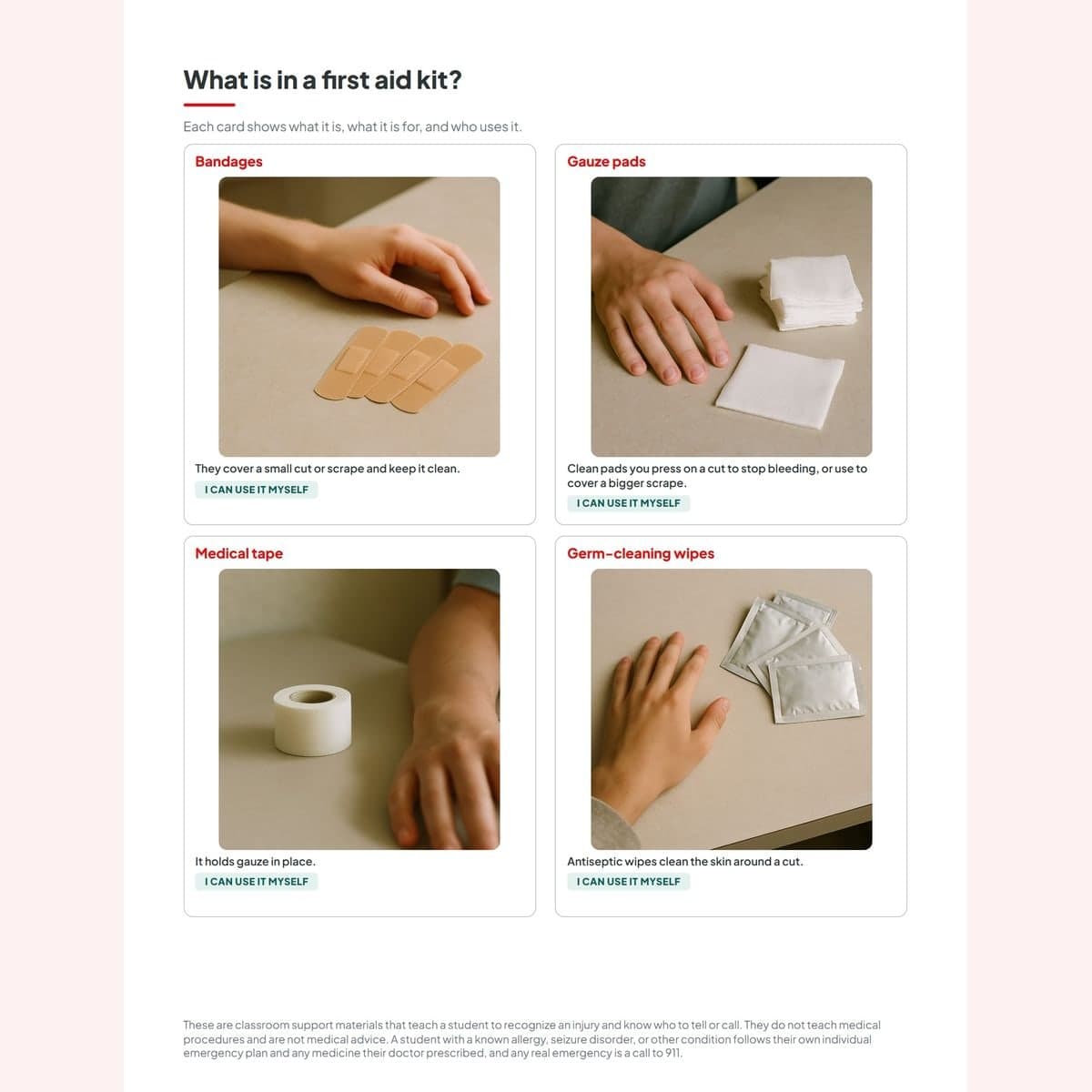The first-aid-kit sort, separating what a student uses from what an adult helps with