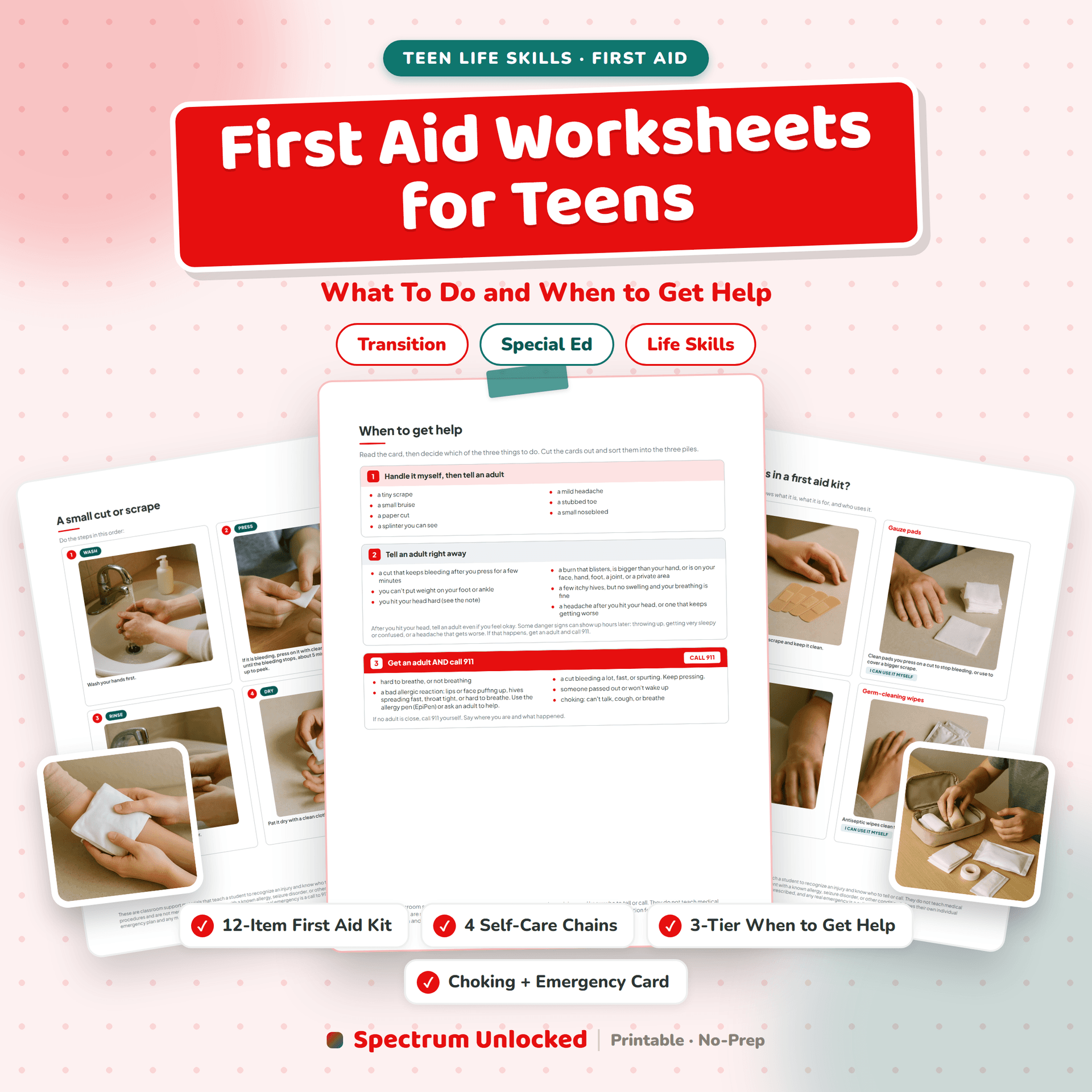 First Aid Worksheets for Teens cover, showing the first-aid-kit sort, a self-care chain and the three-tier When to Get Help sort