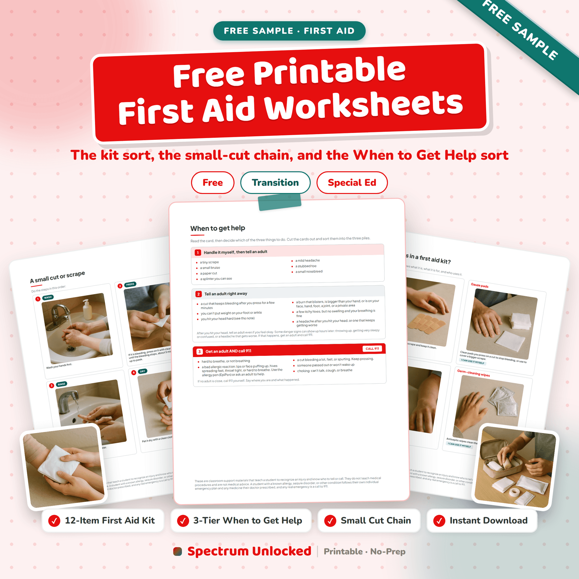 Free First Aid Worksheets Sample for Teens cover, showing the kit sort and the When to Get Help sort