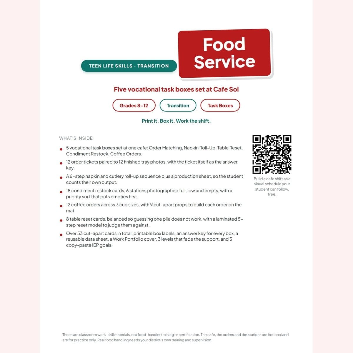 Job Skills Task Boxes: Food Service cover showing the five vocational work bins for transition students