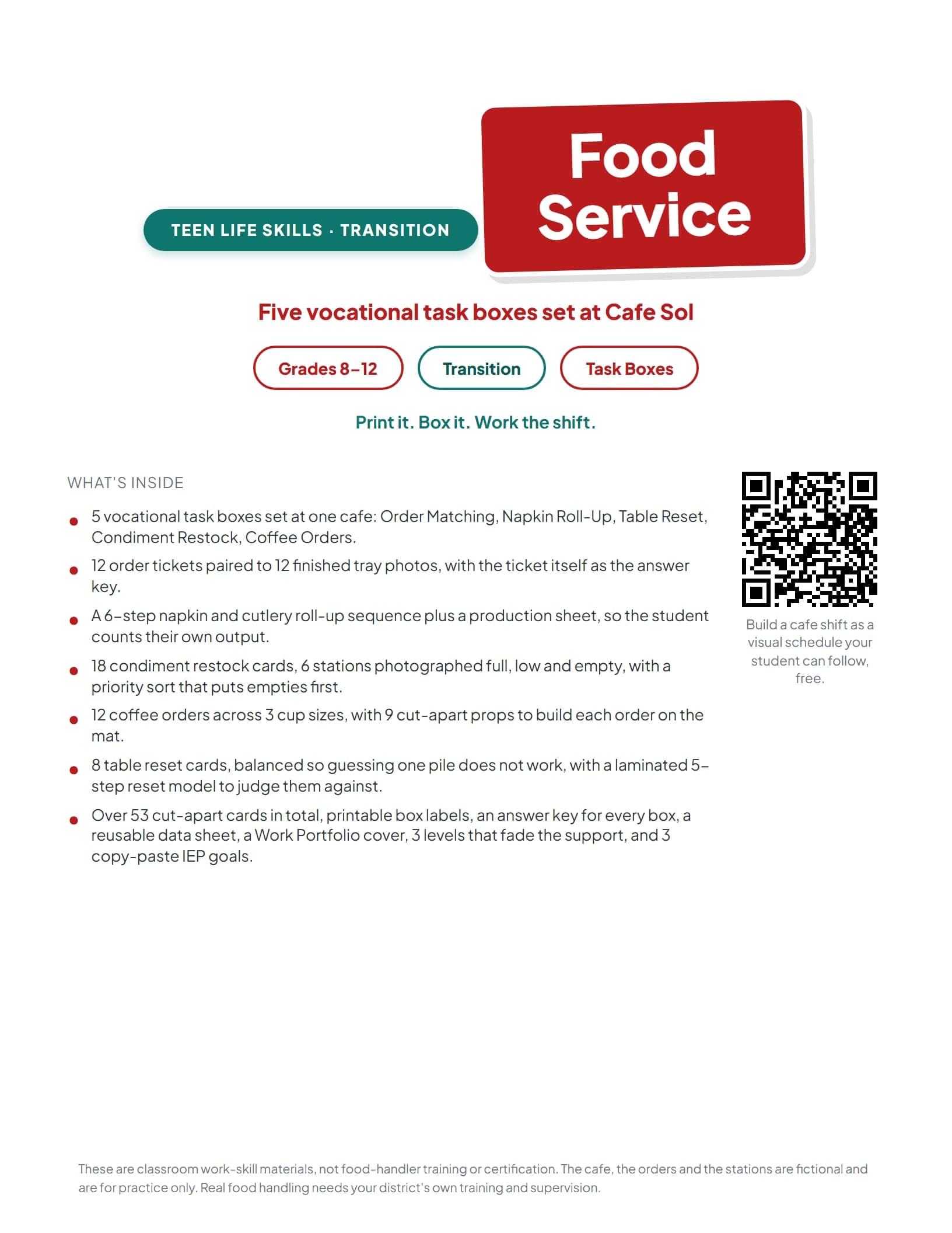 Job Skills Task Boxes: Food Service cover showing the five vocational work bins for transition students