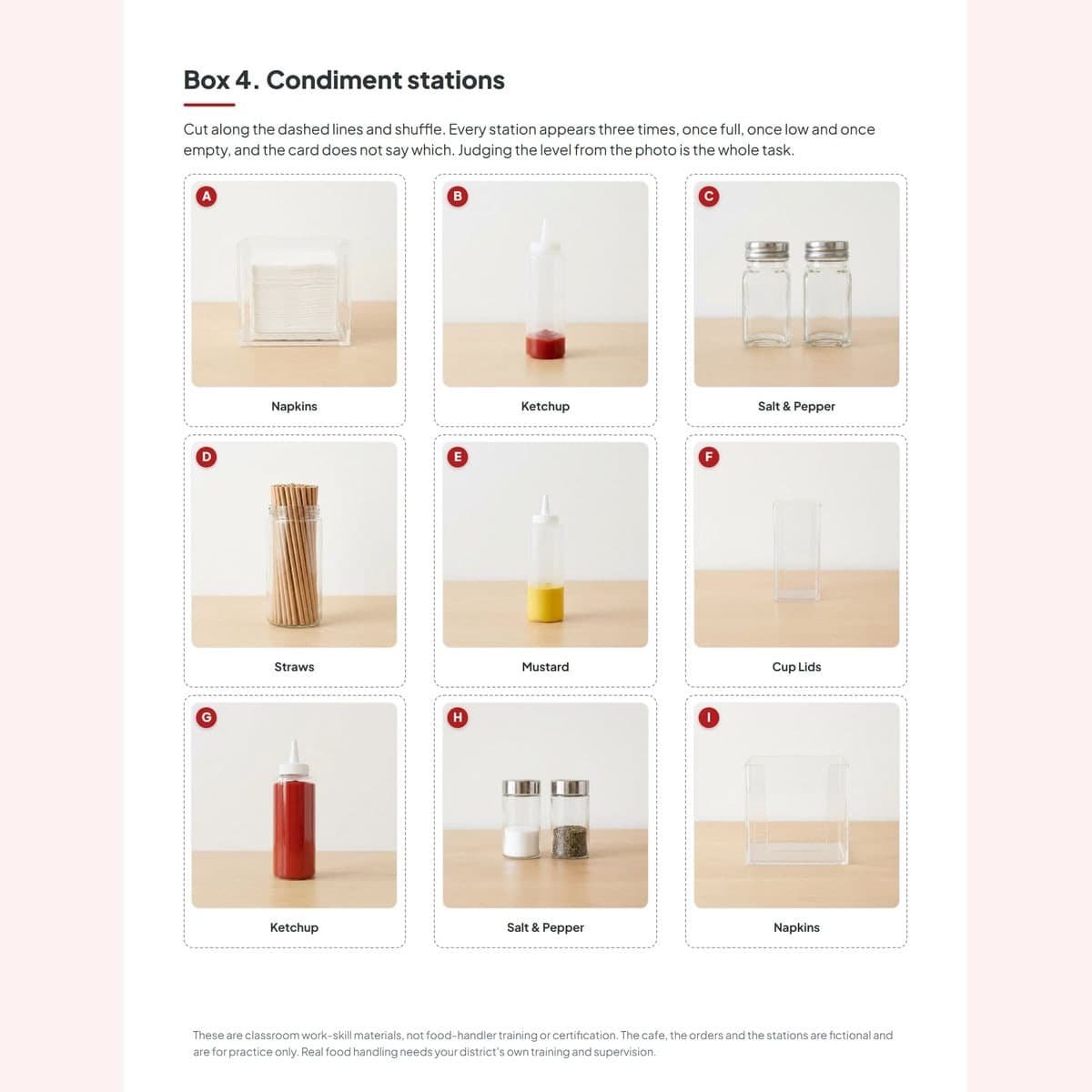Eighteen condiment restock cards showing six cafe stations photographed full, low and empty for a fill-level judgment task