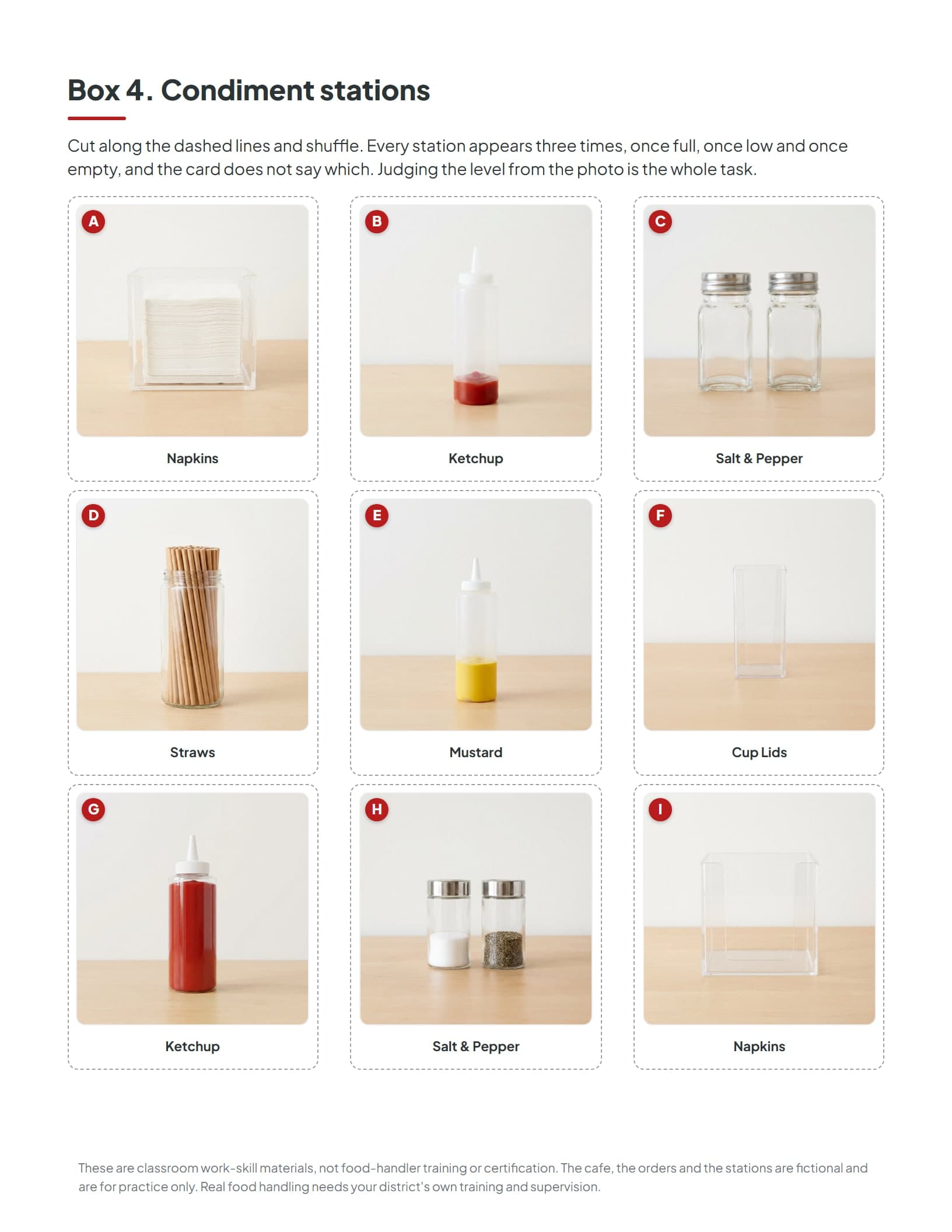 Eighteen condiment restock cards showing six cafe stations photographed full, low and empty for a fill-level judgment task