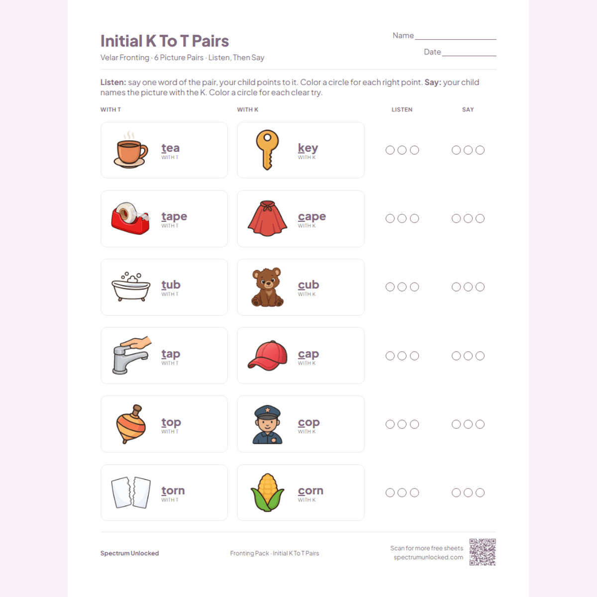 Initial K to T pairs worksheet: six picture minimal pairs with Listen and Say circles