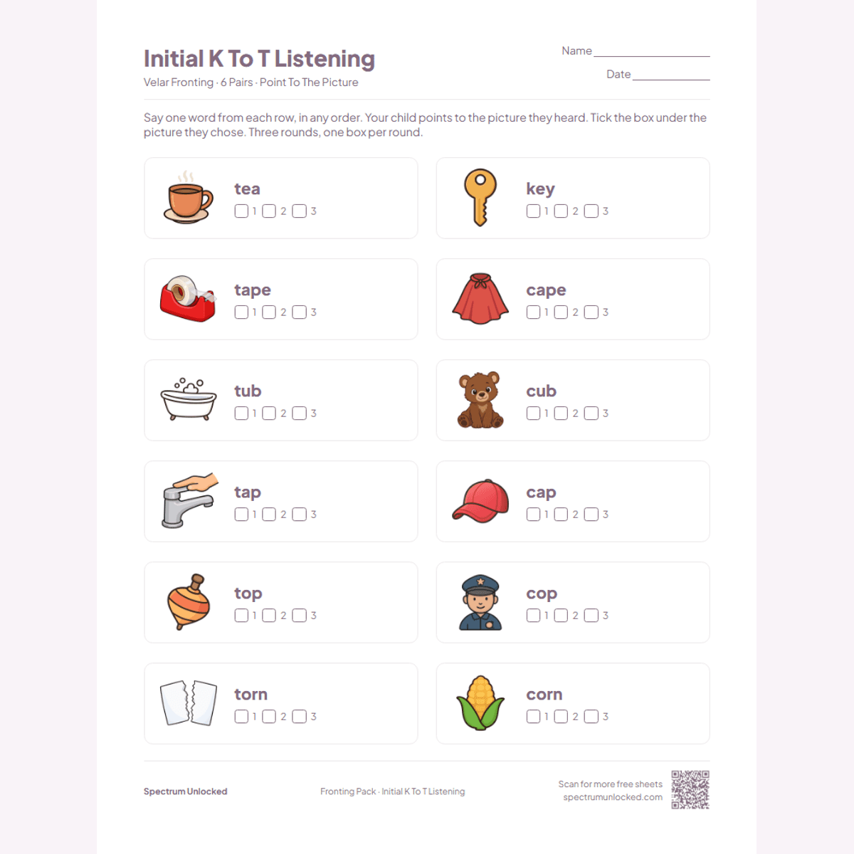 Initial K to T listening worksheet: point to the picture, three rounds of tick boxes