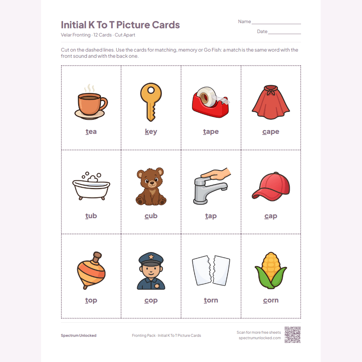 Initial K to T picture cards: twelve cut-apart cards, two pairs to a row