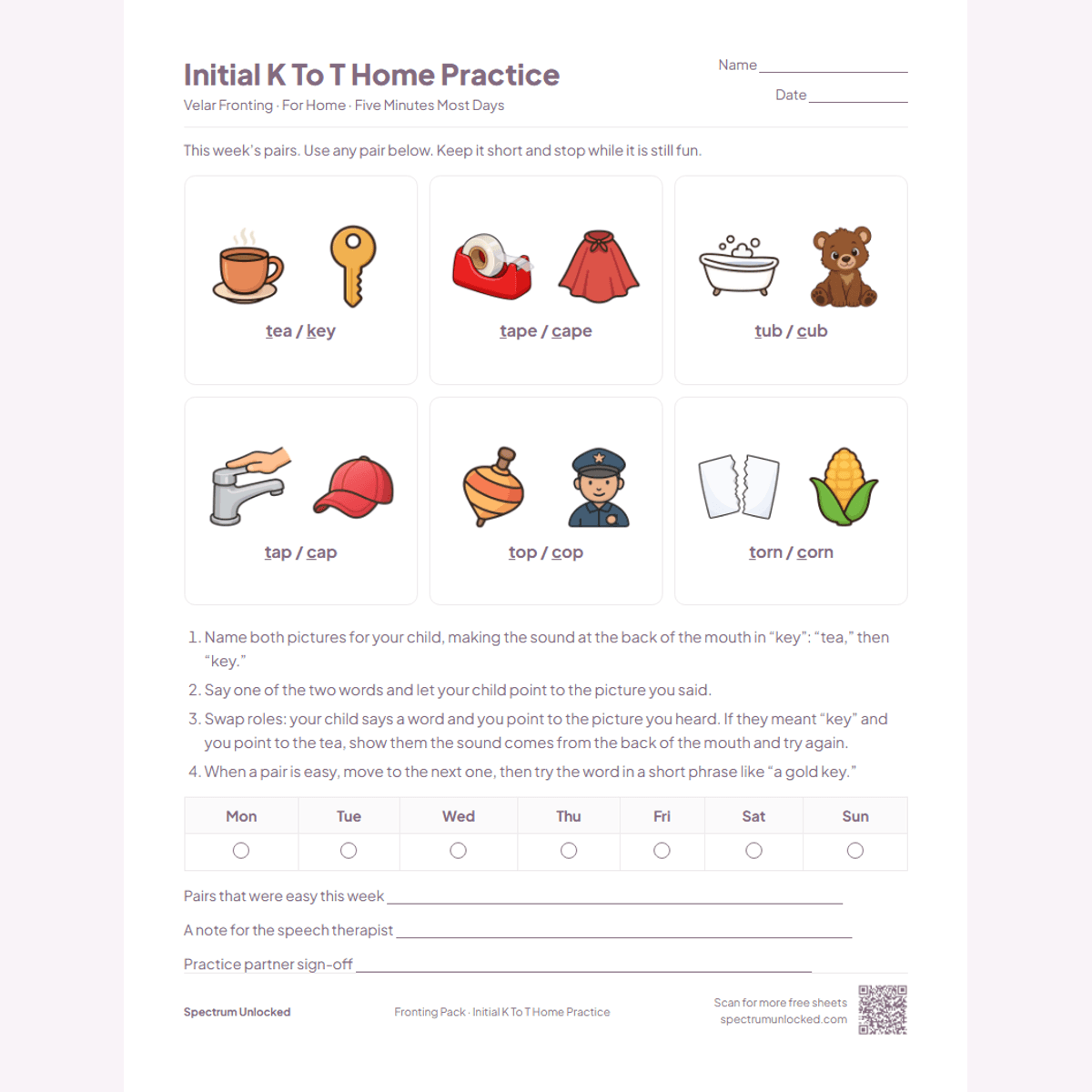 Initial K to T home practice page with the pairs, four steps and a weekly tracker