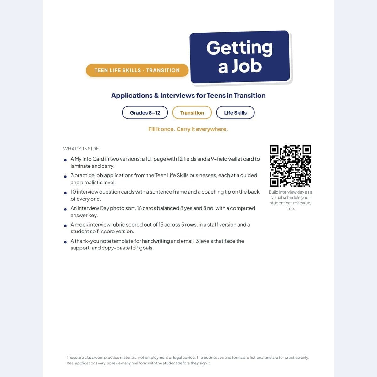 Getting a Job: Applications & Interviews cover showing the transition pack for job applications and interview practice