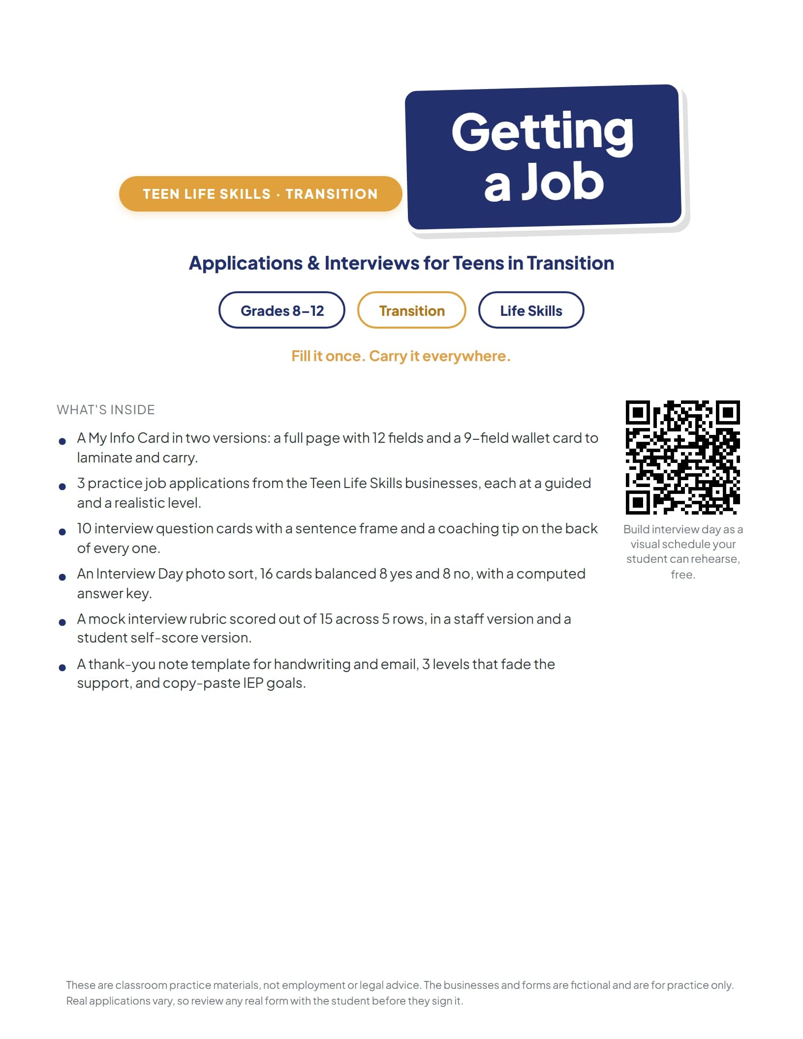 Getting a Job: Applications & Interviews cover showing the transition pack for job applications and interview practice