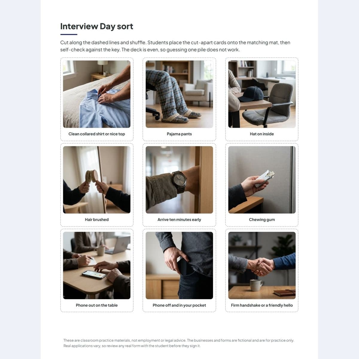 The Interview Day photo sort with sixteen cut-apart cards showing what to do and what not to do at an interview