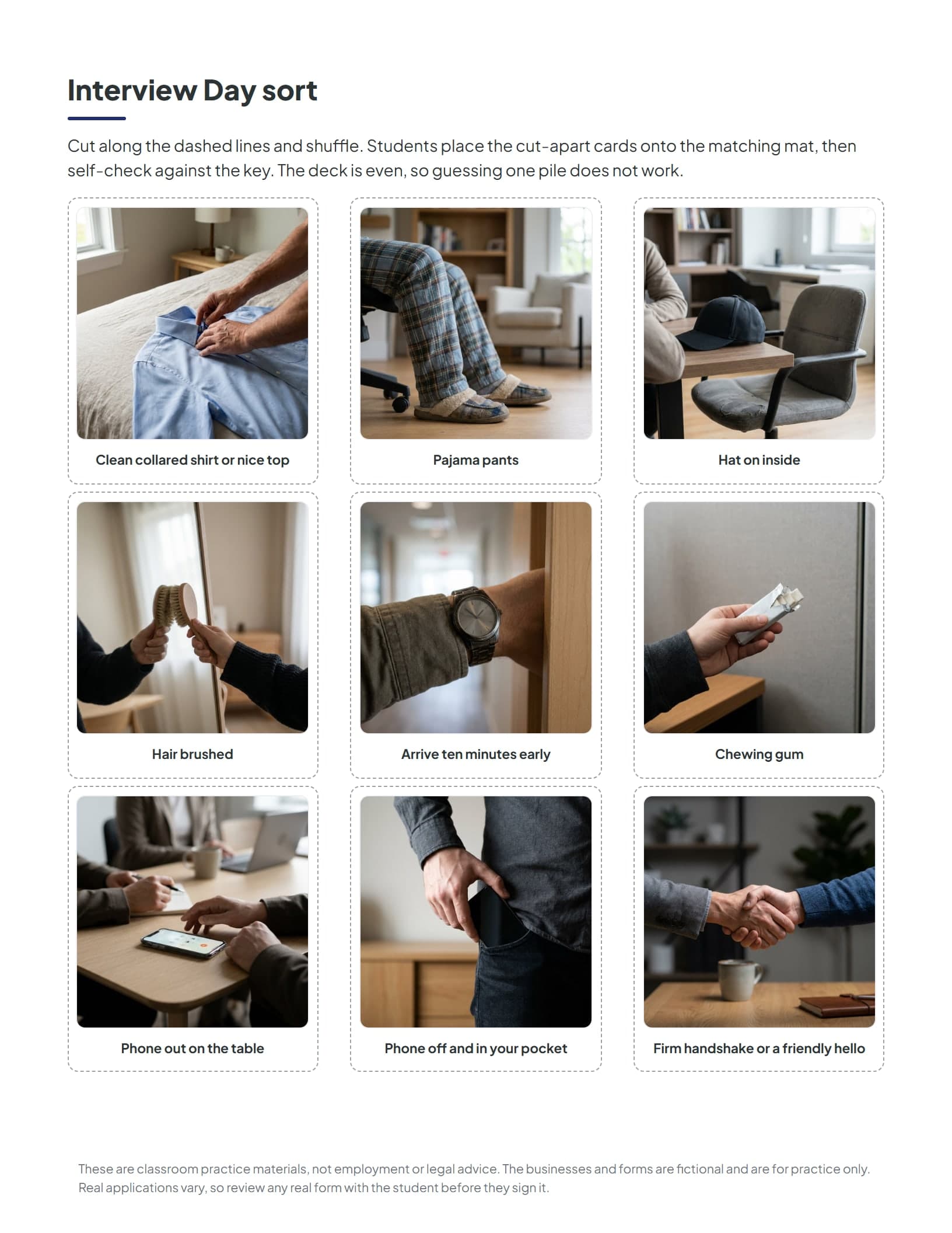 The Interview Day photo sort with sixteen cut-apart cards showing what to do and what not to do at an interview