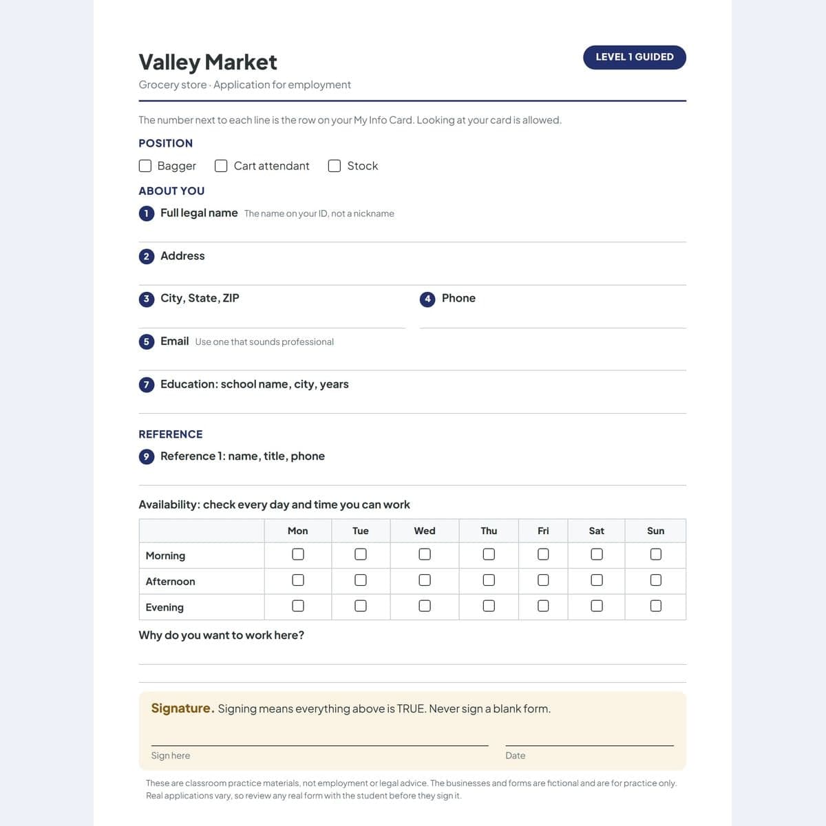 The guided practice job application included in the free sample