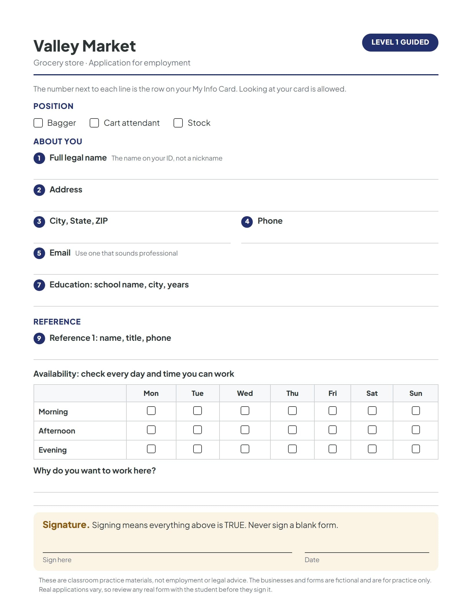 A guided practice job application with numbered hints pointing back to the matching My Info Card row