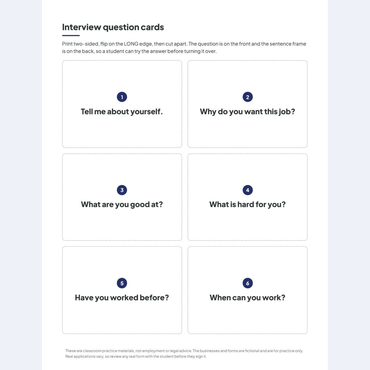Interview question cards printed two-sided with the question on the front and a sentence frame on the back