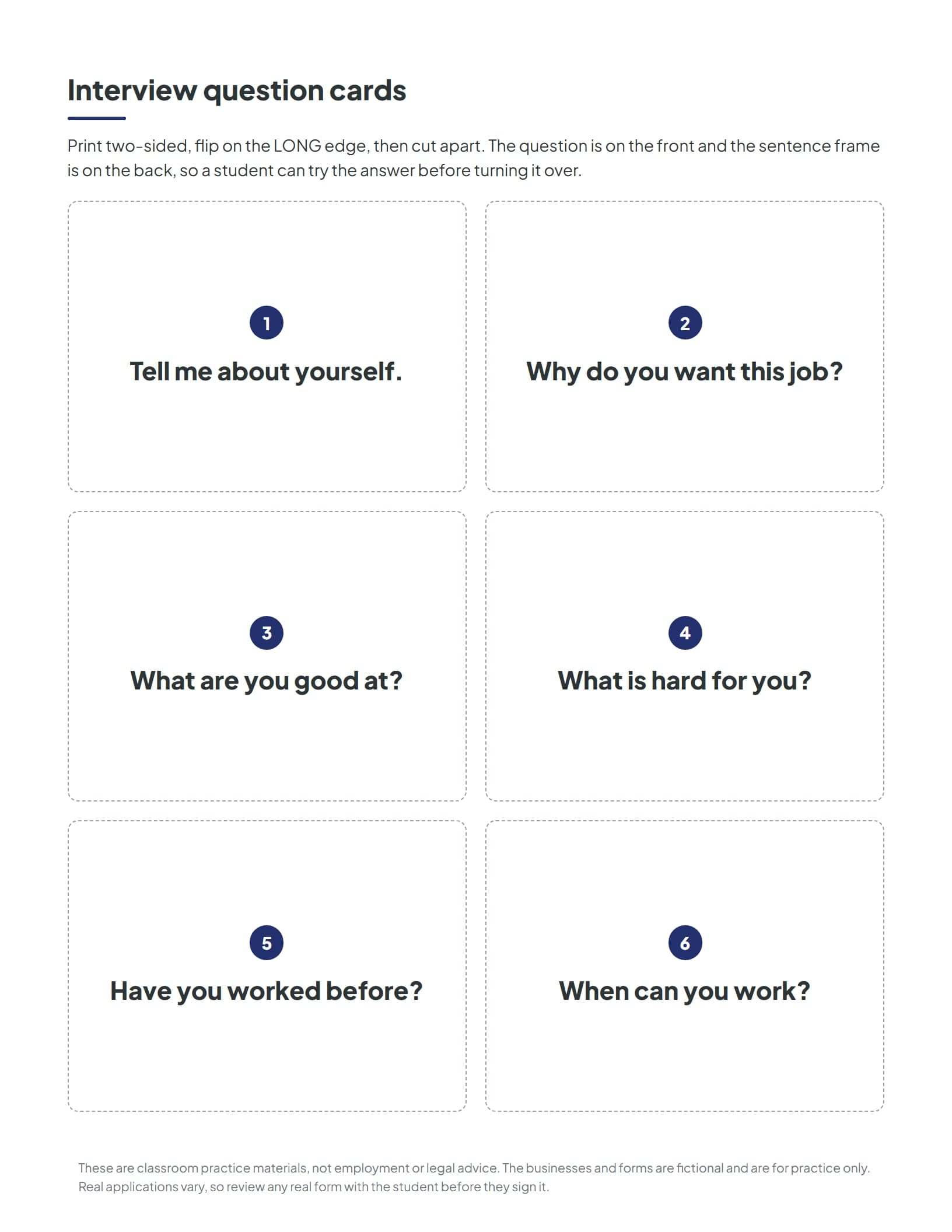 Interview question cards printed two-sided with the question on the front and a sentence frame on the back