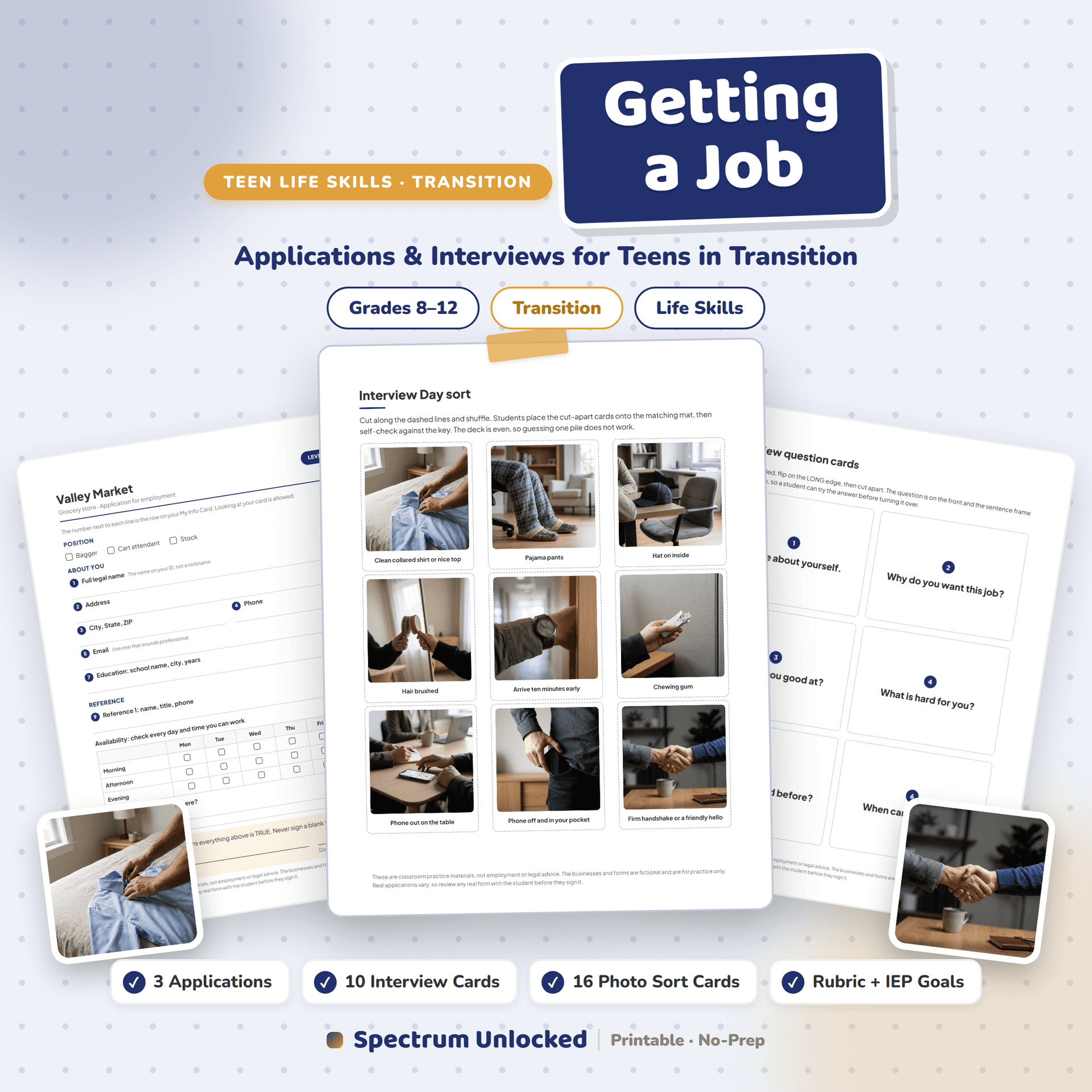 Getting a Job cover, applications and interviews for teens in transition, with interview cards, photo sort cards and a rubric