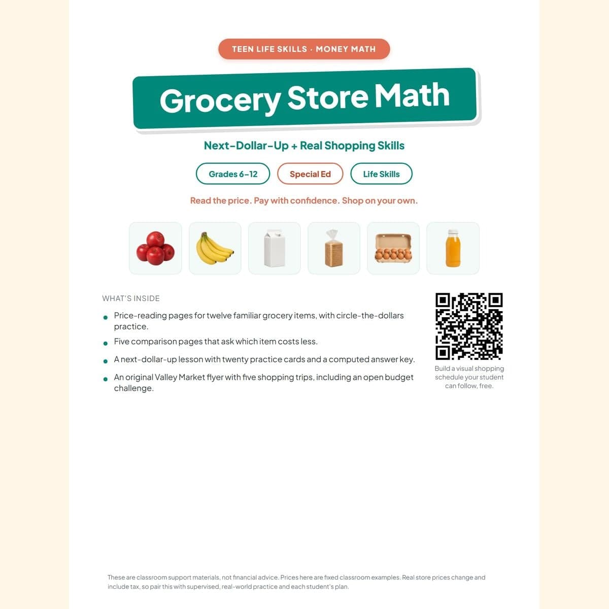 Grocery Store Math for Teens cover with everyday grocery items and clear price tags