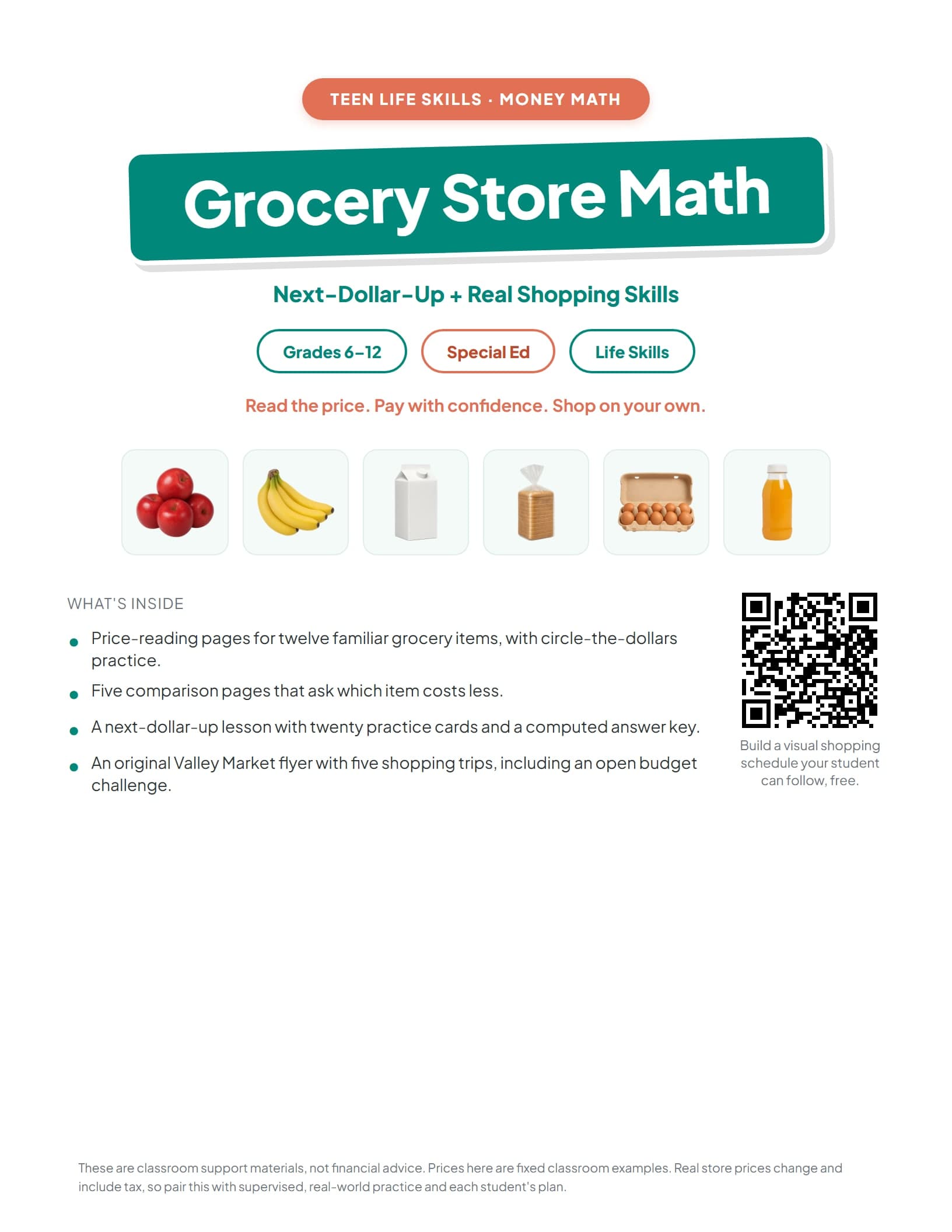 Grocery Store Math for Teens cover with everyday grocery items and clear price tags